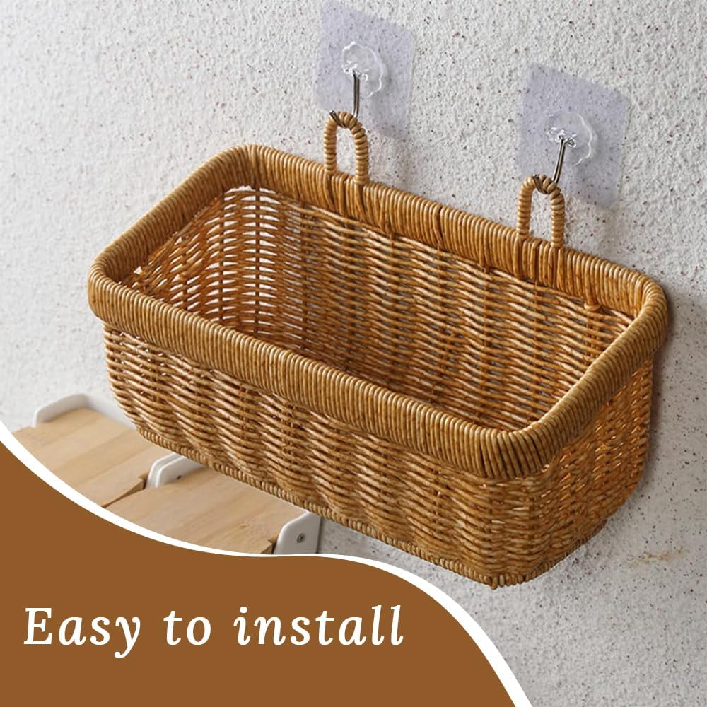 2 Pack Wall Hanging Basket, Imitation Rattan Woven Storage Rack,Storage for Fruits, Snacks, Sundries, Seasonings, Flowers,For Indoor Outdoor Wall, Home Room, Garden, Wedding Decoration image number 4