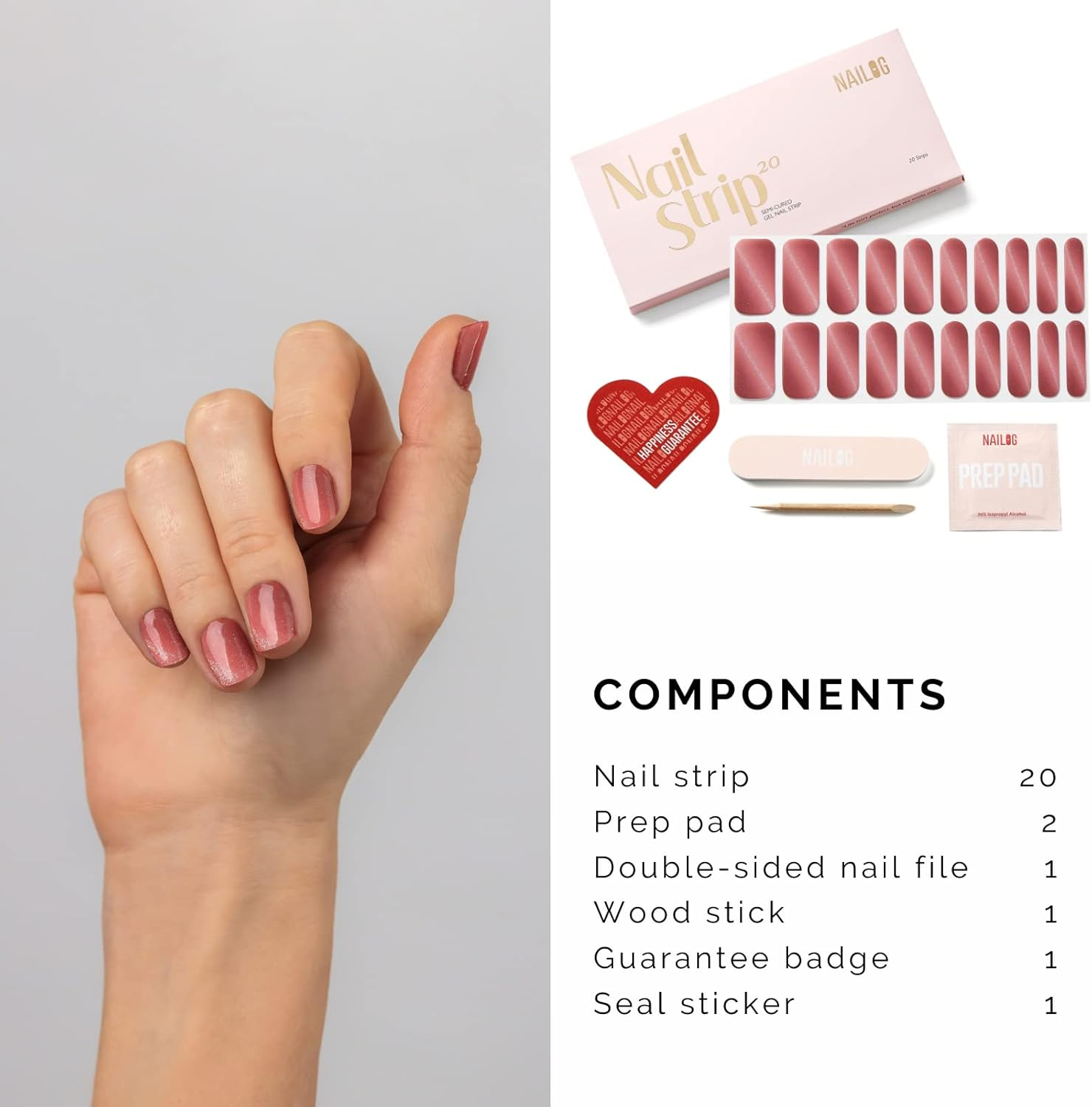 NAILOG Semi Cured Gel Nail Strips (20 Extra Long Nail Stickers) | Glossy & Long Lasting Soft Gel Finish Nail Wrap| Silvery Kahala