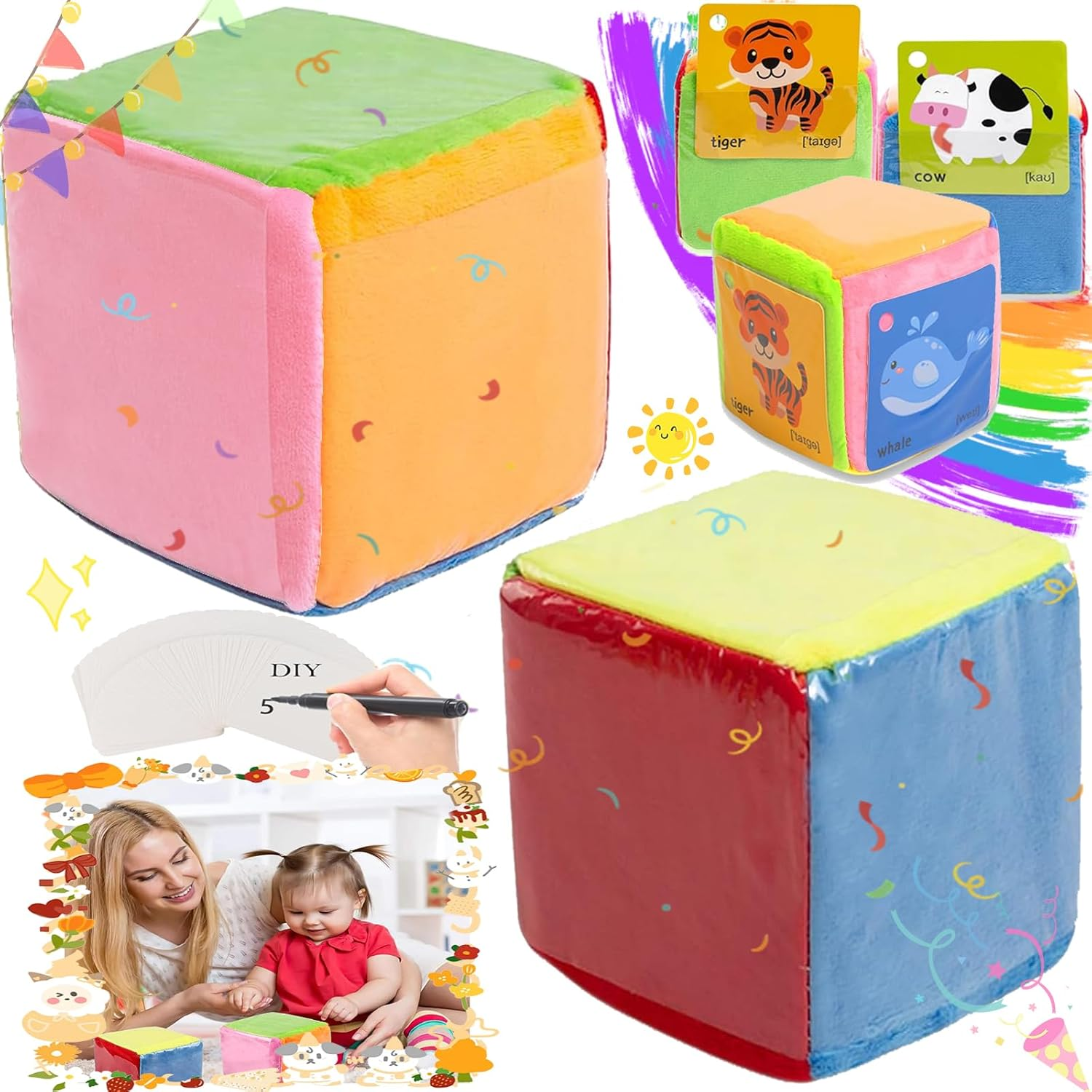 Wtpin Pack of 2 Pocket Cubes, Dice with Pockets for Nursery, Colourful Cube with Pocket Pockets, 10 Cm Pocket Cube, Large Colourful Cube, Children'S Learning Cube for Nursery (10 X 10 Cm)
