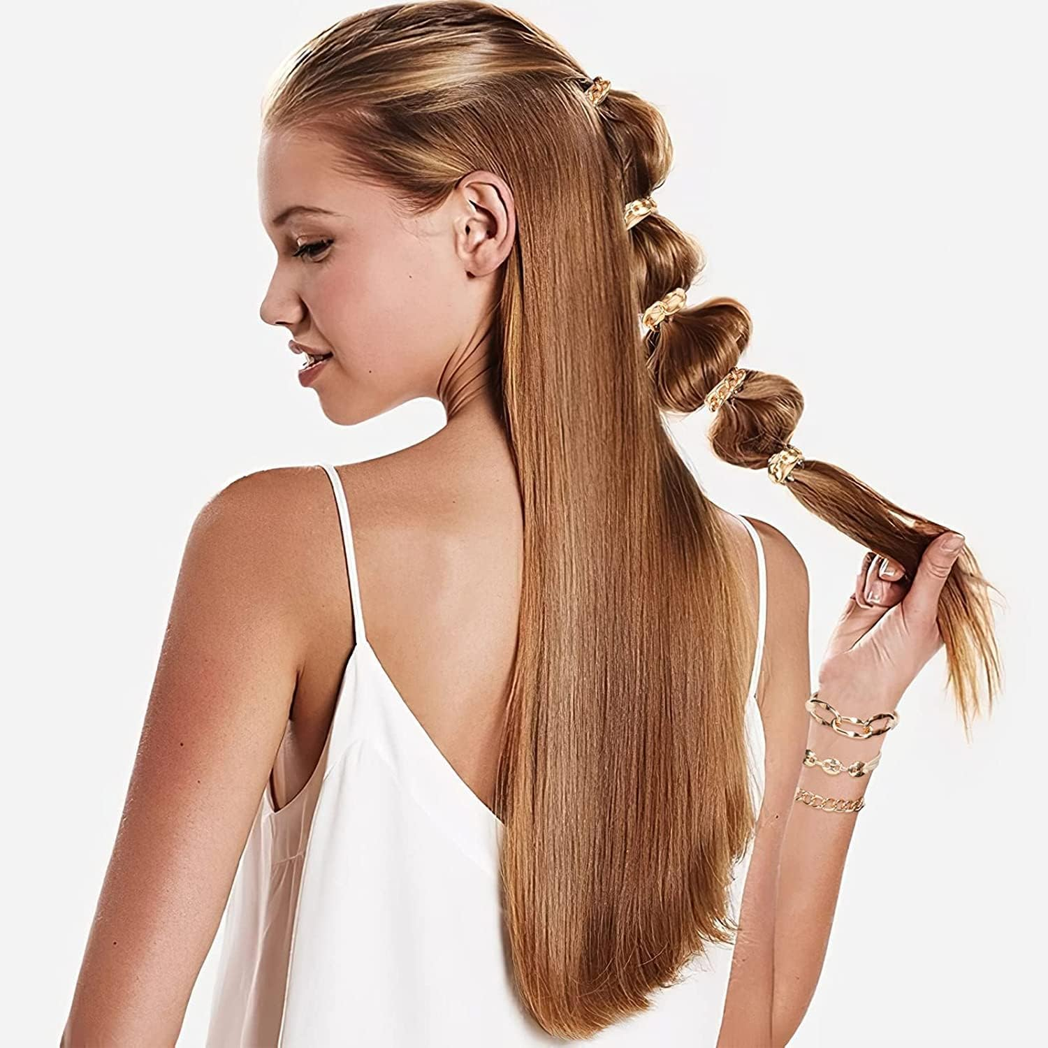 WUBAYI 3Pcs Bracelet Hair Ties for Women-Bracelet Hair Bands with Beige Elastic-Bracelet Hair Elastic Ties-Ponytail Hair Accessory. Looks Cute on Your Wrist, Perfect for Women and Girls (Gold) image number 6