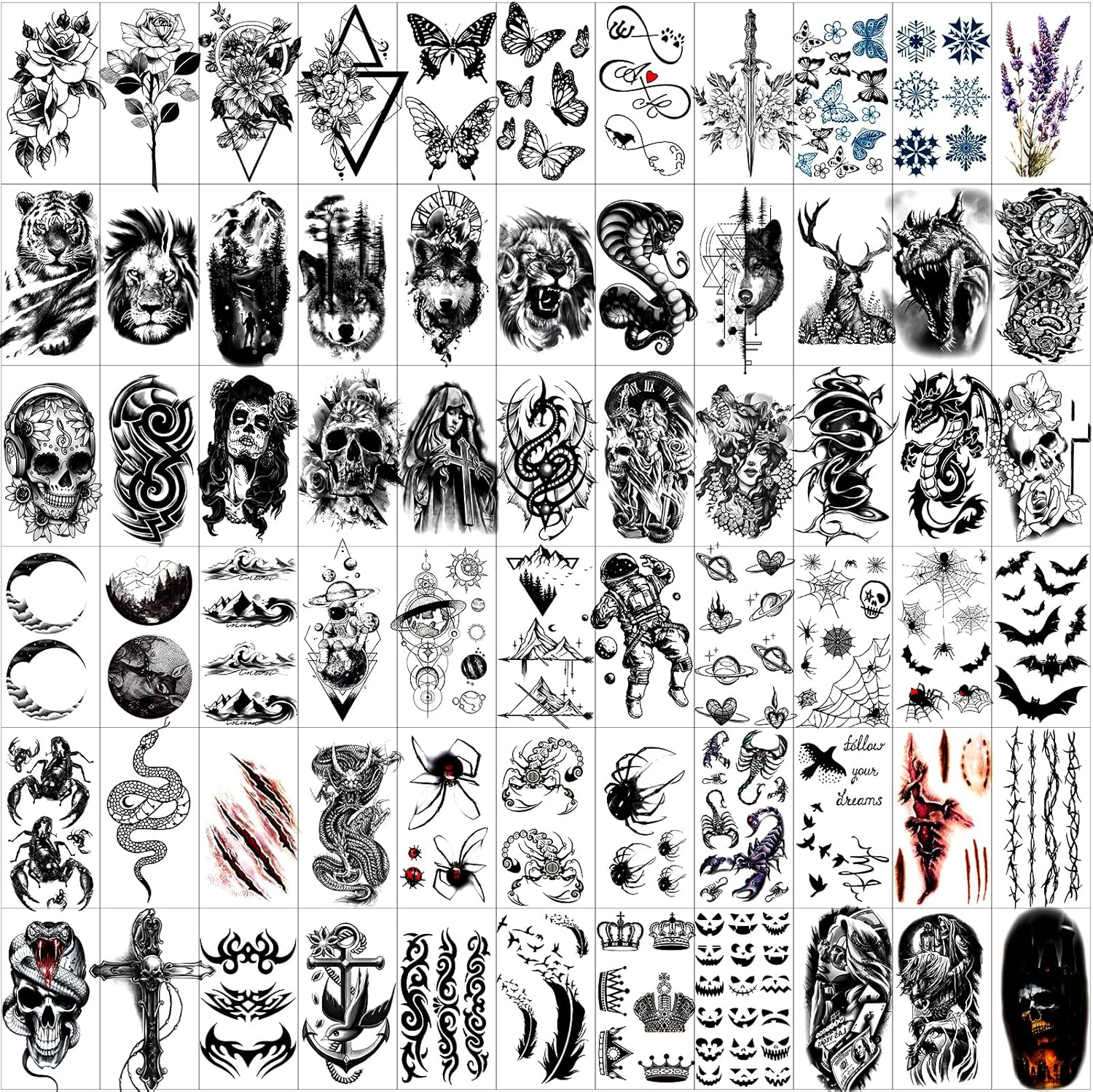 JEEFONNA 82 Sheets Temporary Tattoo for Men Women Adults, Include 12 Sheets Black 3D Half Sleeve Temporary Tattoos, Halloween Tattoos Scary Lion Wolf Tiger Skull Skeleton Tattoos Stickers image number 2