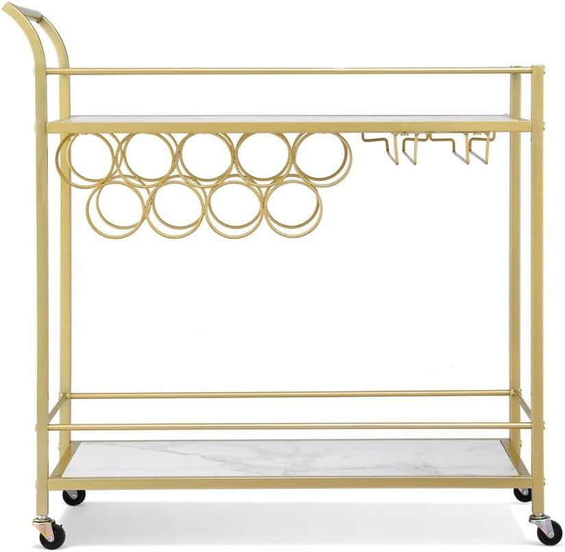 Artiss Bar Cart Drinks Trolley with Marble Effect Shelves, 2-Tier 85Cm Home Serving Cart with Wine Rack Glass Holders - 2 Lockable Wheels Perfect for Kitchen, Living Room, Outdoor, Curved Handle, Gold image number 1