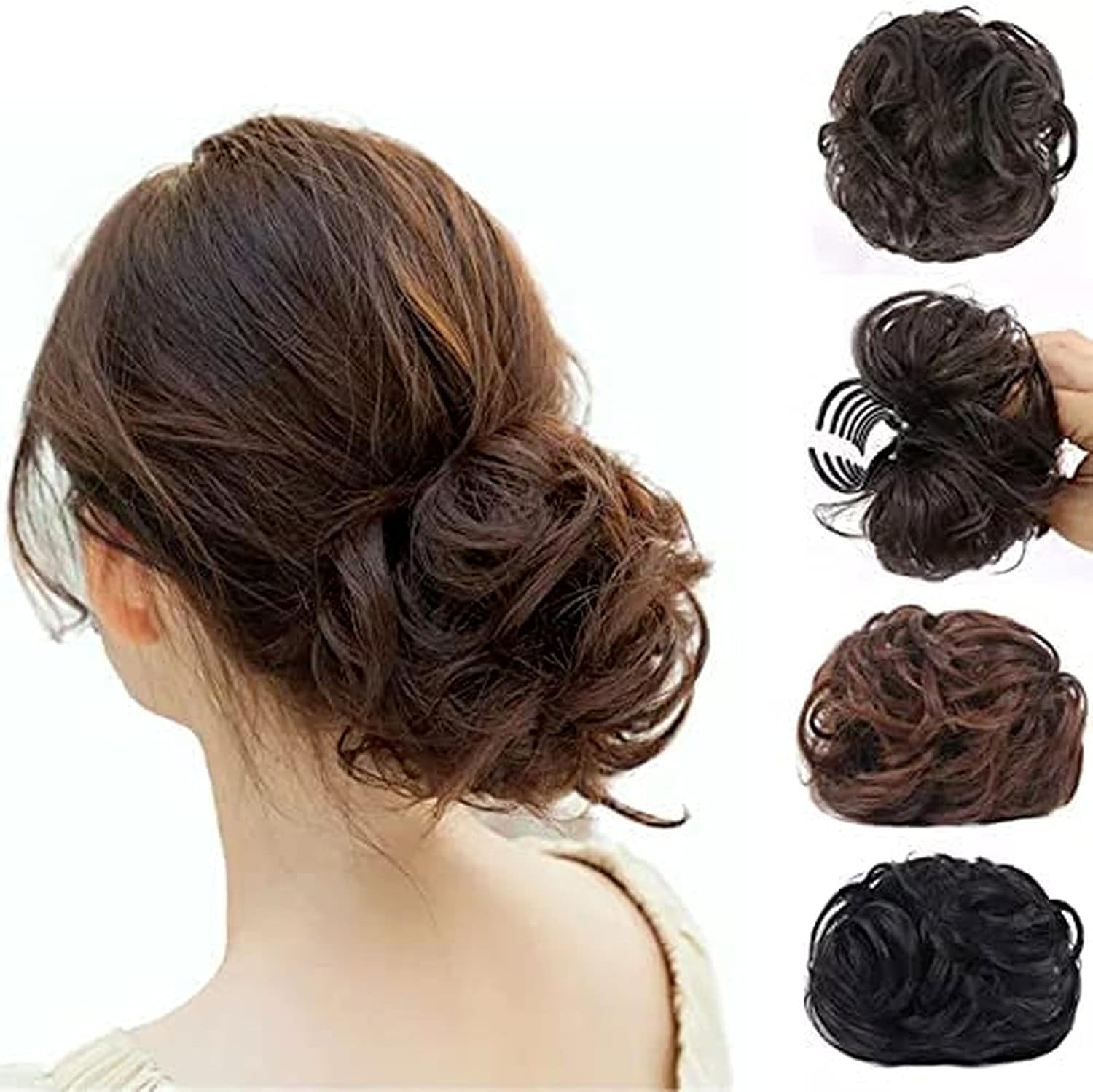 Half Fancy Bun Clip-On Wig Hairpin,Hair Extension Scrunchies,Ball Head Grasping Clip,Messy Bun Hair Scrunchies,Hair Bag Bud Head Fluffy Natural Hair Coil (Large,Black Brown) image number 1