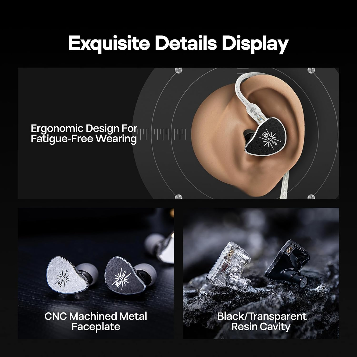 Linsoul Kiwi Ears Belle 10Mm DLC Dynamic Driver In-Ear Monitor, Hifi Wired Earbuds with Dual Silver-Plated Cables, Professional IEM for Stage Performance/Gaming/Music Production (Black, without MIC) image number 3