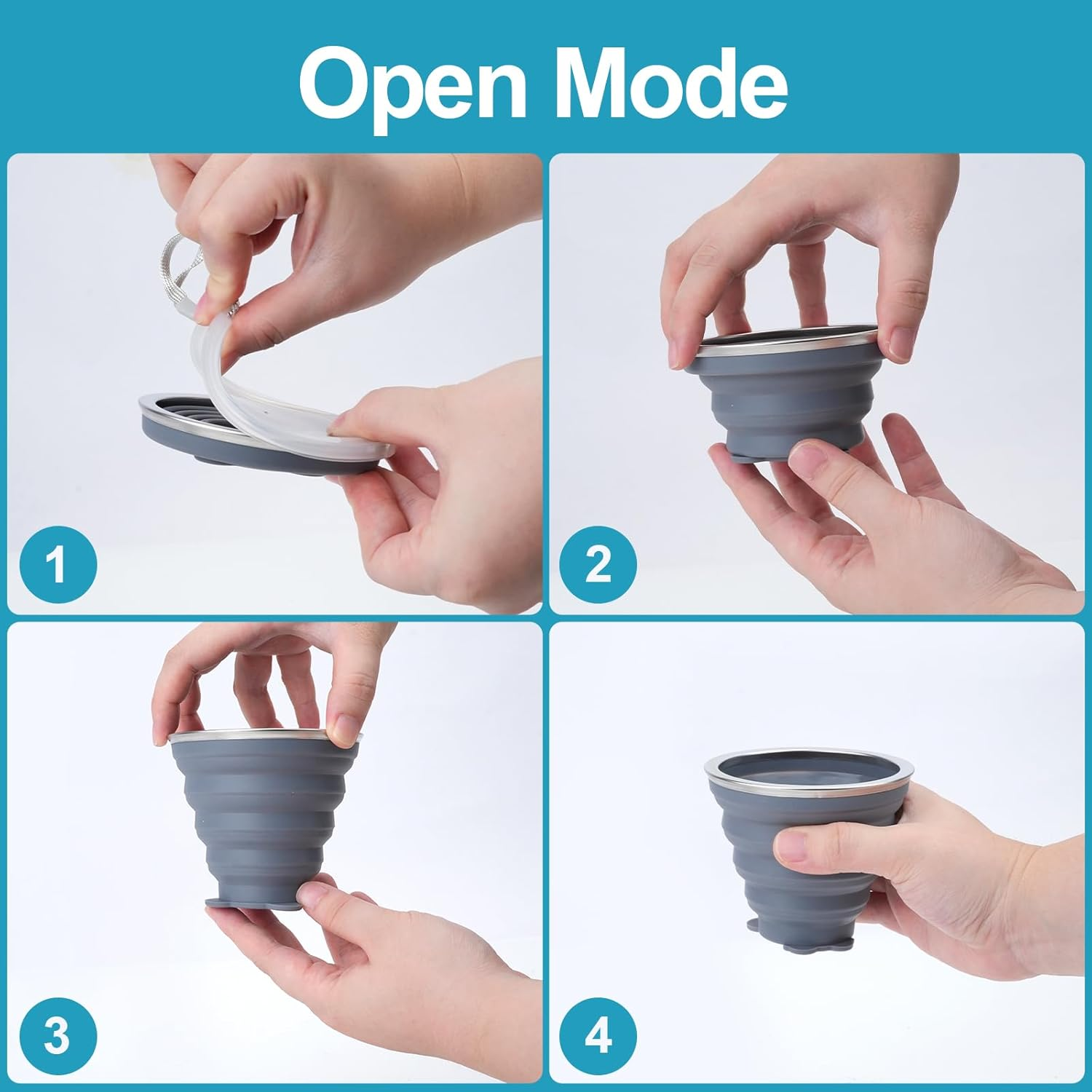 WRENYZK Pack of 2 Foldable Cups with Lid, 250 Ml, Reusable Foldable Cup, Travel Mug, Portable Silicone Cup, Outdoor Camping Folding Cup for Travel, Sports, Picnic, Hiking (Blue, Grey) image number 6