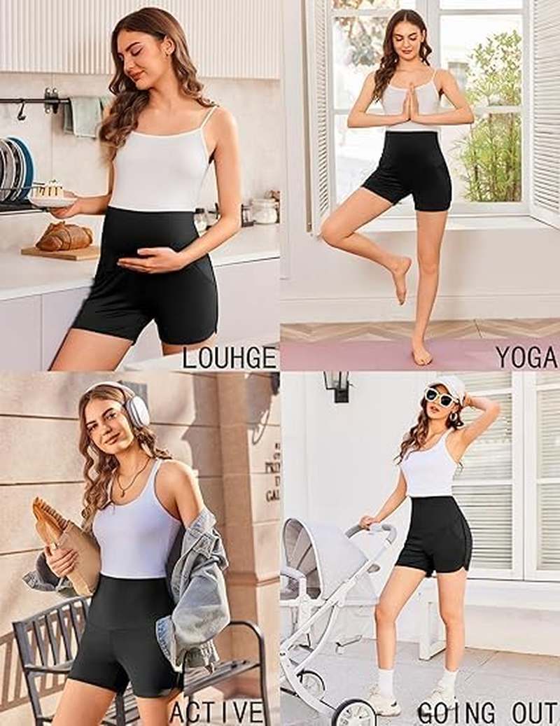 Maternity Shorts over the Belly - Pregnancy Lounge & Workout Shorts with Pockets, Breathable Polyester-Spandex Yoga Sleep Shorts for Women, Comfortable Summer Maternity Clothing (Black, Large) image number 1