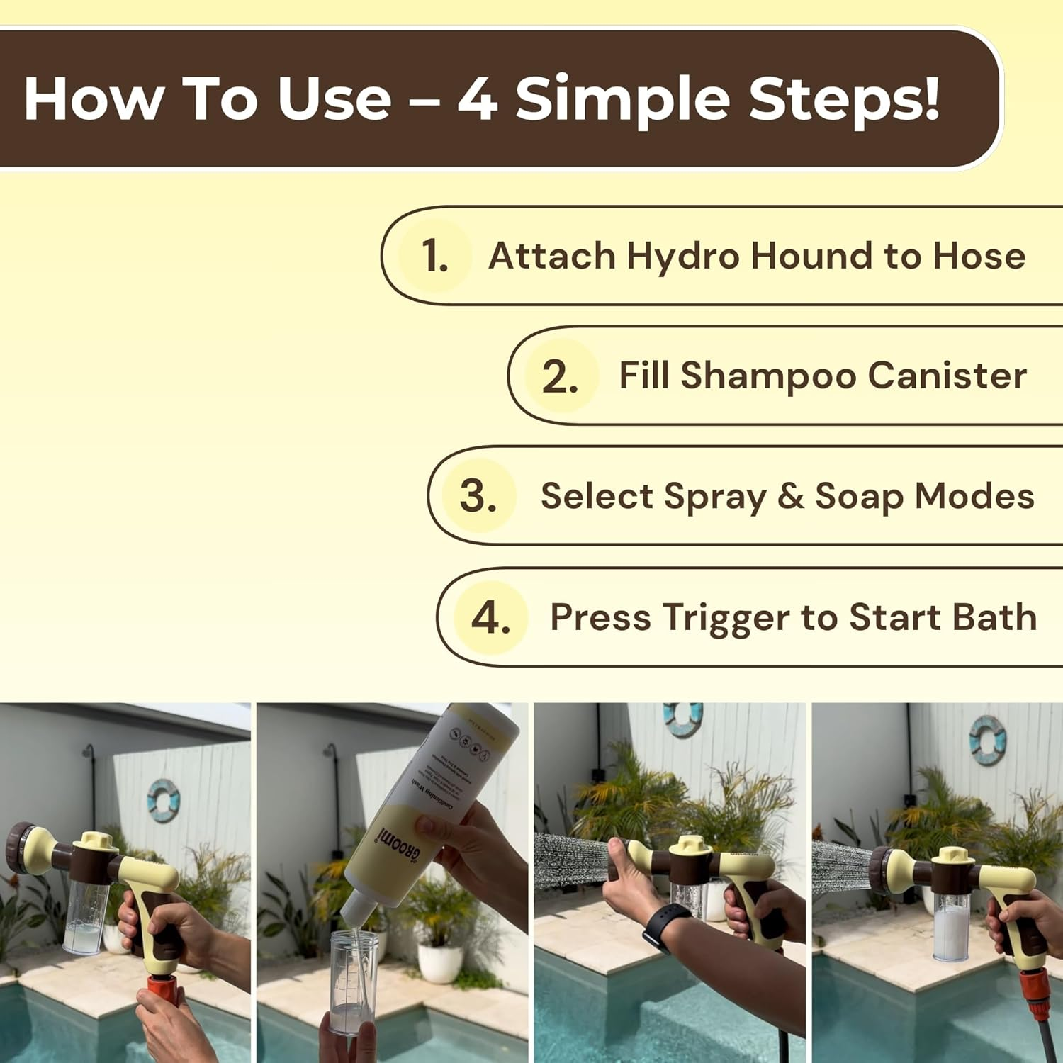 Groomi Hydro Hound Dog Wash Kit &ndash; Dog Bath & Shampoo Foam with Hose Attachment &ndash; 8 Spray Modes, Built-In Soap Dispenser, One-Click Trigger &ndash; Washing Tool for All Coat Types & Sizes