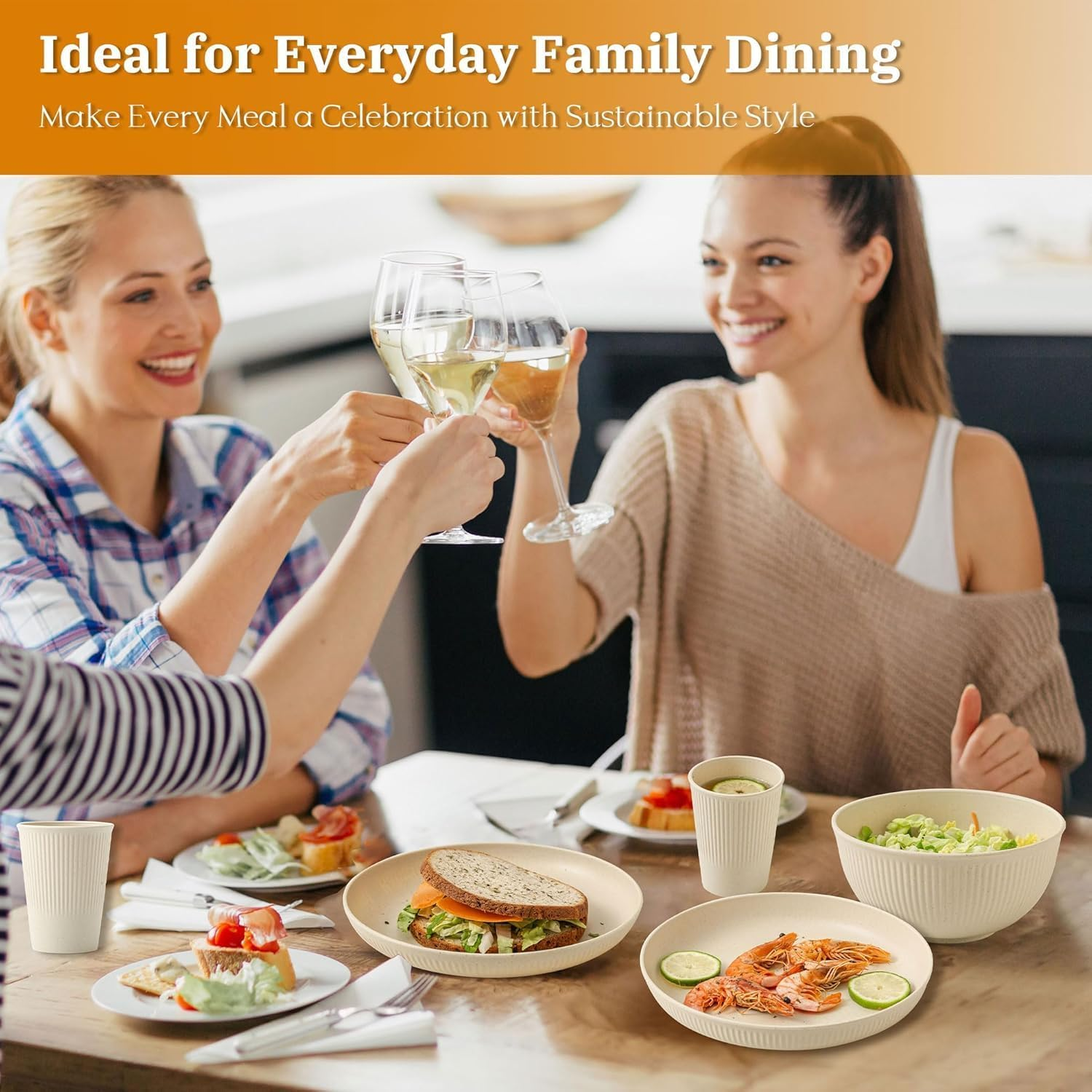 24Pcs Reusable Wheat Straw Cups Plates and Bowls Set, Dinnerware Sets for 6, Microwave and Dishwasher Safe Kitchen Dish Set for RV Camping Picnic Dorm, Beige image number 1