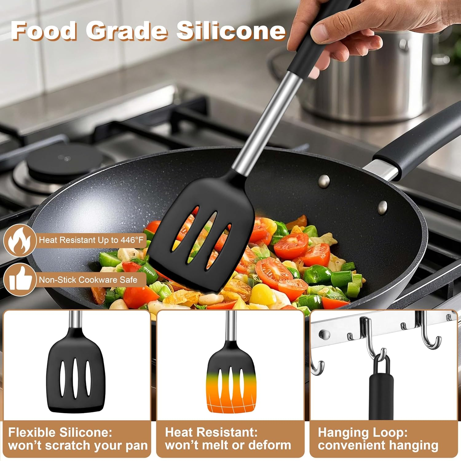LIANYU Kitchen Cooking Utensils Set of 4, Silicone Spatula Cooking Spoon Set for Nonstick Cookware, Heat Resistant Kitchen Gadget Tools with Stainless Steel Handle, Heat Resistant Utensils, Black - 6, Gray image number 5