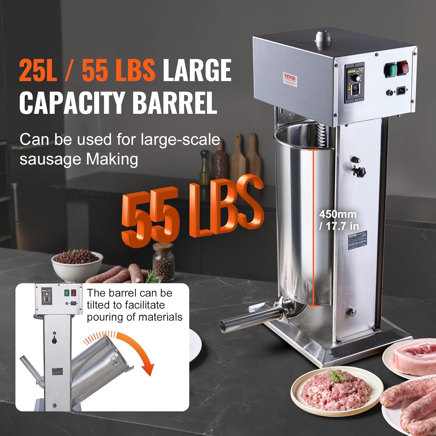 VEVOR Electric Sausage Stuffer, 25 L / 55 LBS Vertical Meat Stuffer, 400W Motor, Stepless Speed Control and Foot Pedal, Made of Food-Grade 304 Stainless Steel, 5 Stuffing Tubes for Home, Commercial image number 3