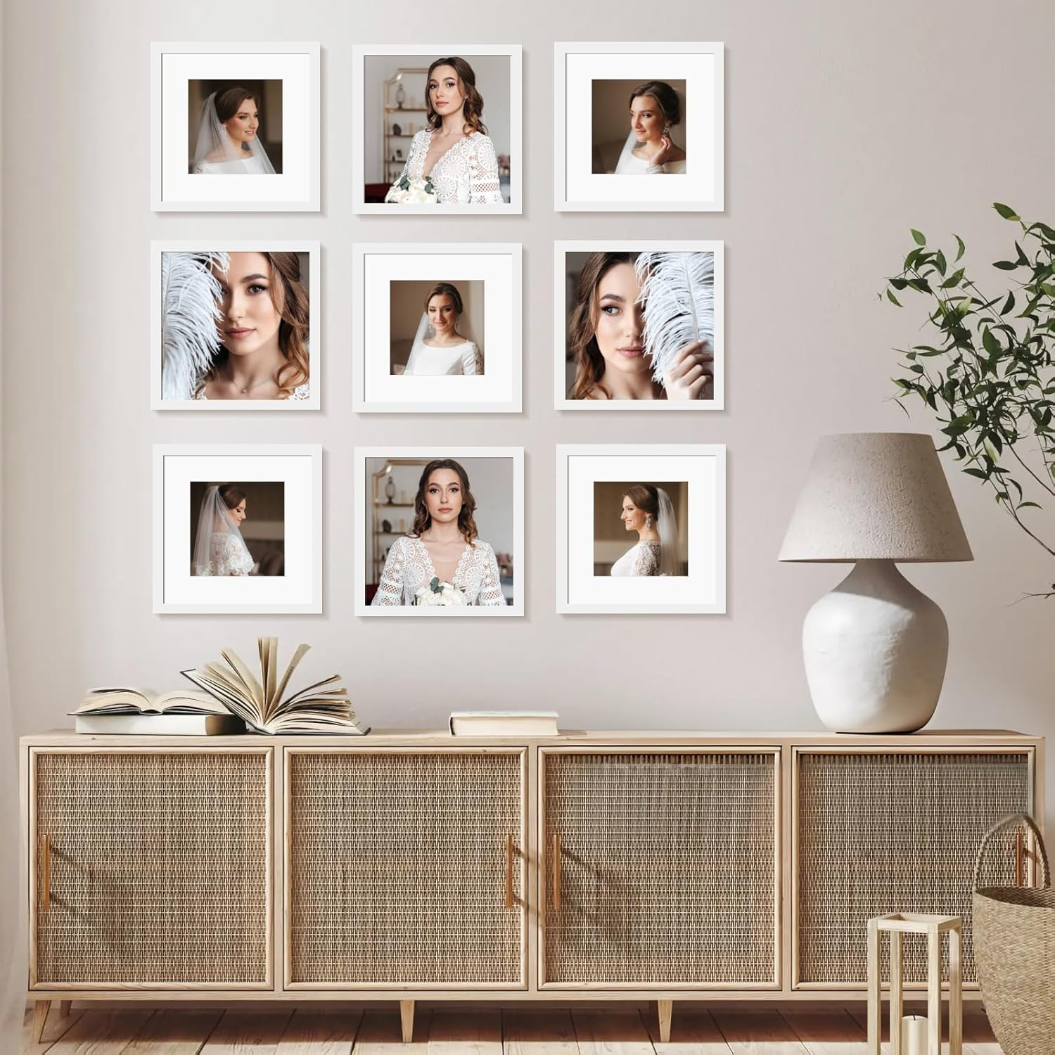 BSRHOME 12X12 Picture Frame Set of 9, Display Pictures 8X8 with Mat or 12X12 without Mat, Multi Collage Gallery Square Photo Frames for Wall or Tabletop, White image number 6