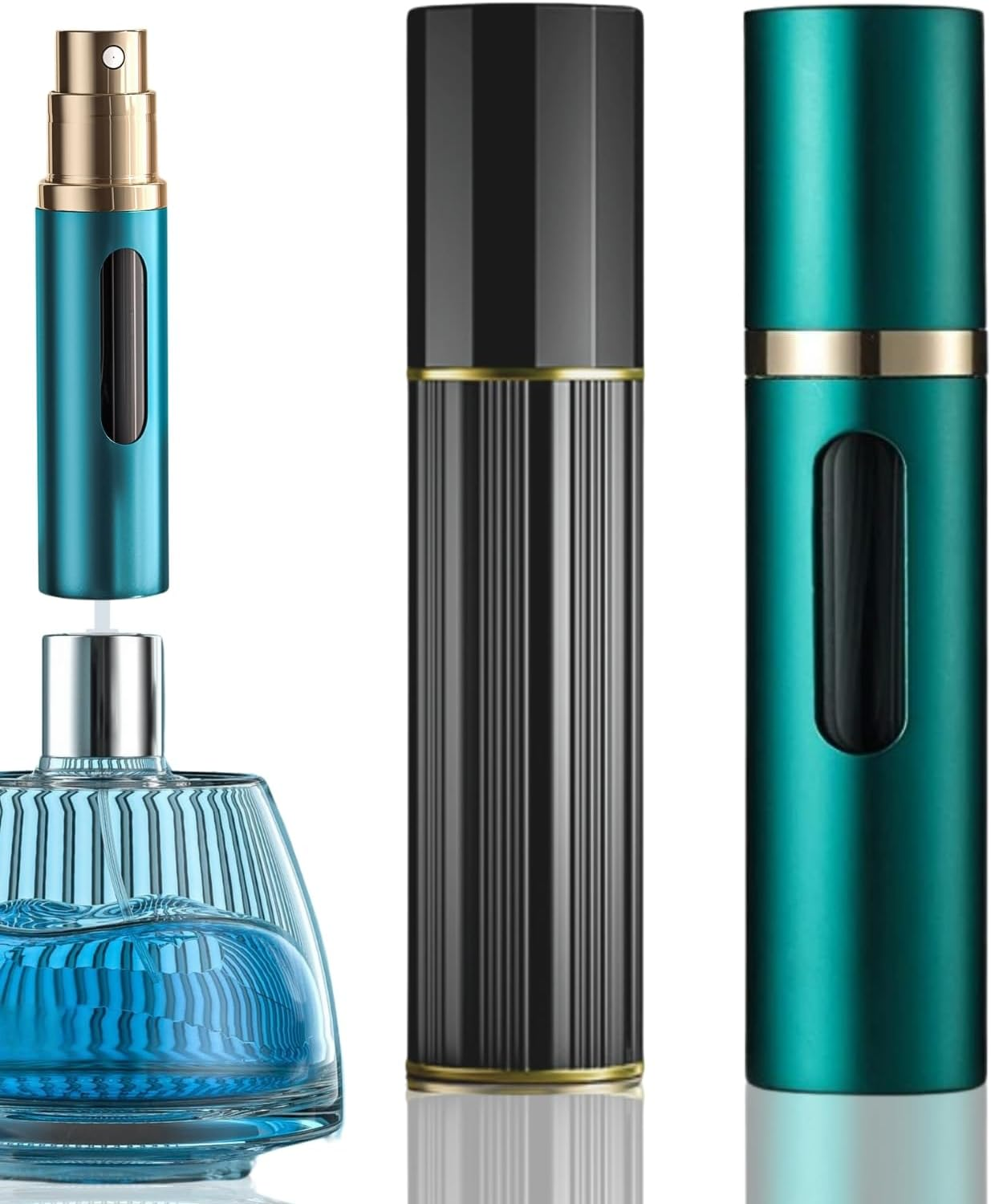 Asanana Refillable Perfume Atomizer Bottom Refill Charge Visualization Window Mini Luxury Stylish Empty 5Ml Fragrance Bottle Lightweight Travel Office Aluminum Atomiser(Sap-2P) (Black and Green) image number 3