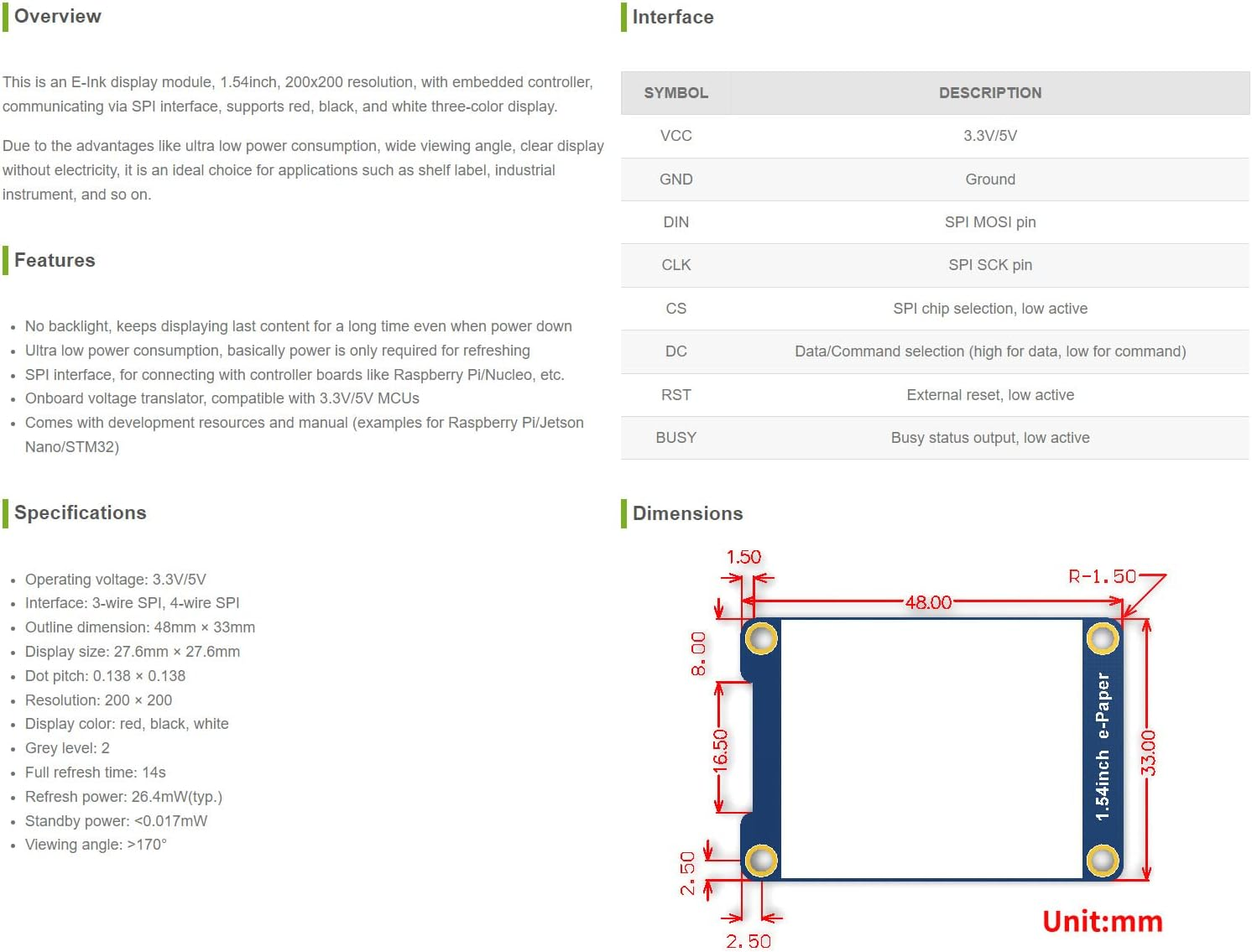 Waveshare 1.54Inch E-Paper Compatible with Raspberry Pi/Jetson Nano Red, Black, White Three Color Display image number 2