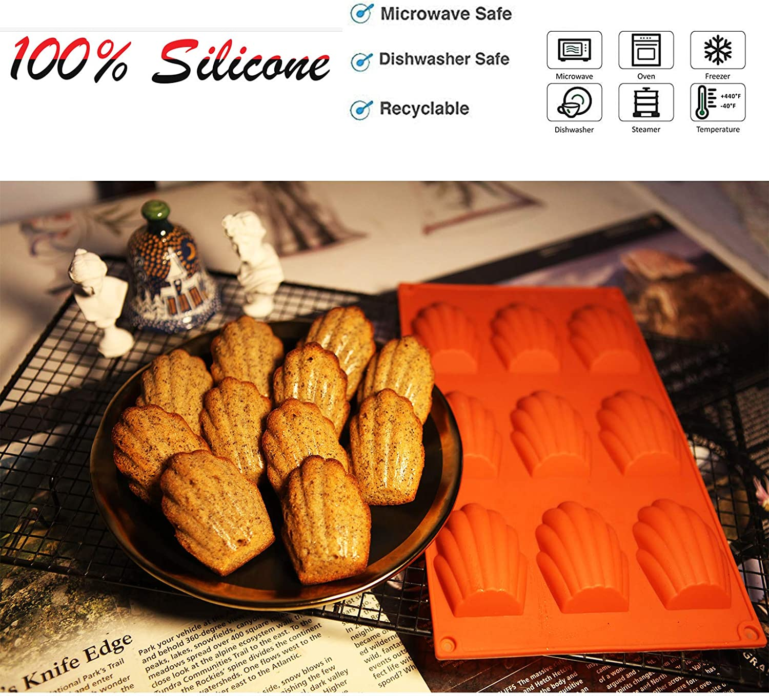 Madeleine Pan, 2 Pack Silicone Madeline Cookies Pan, 9 Cavities Madeline Mold Nonstick Baking Pan for Make Madeleine Cookies, Madeleines (Red) - Red image number 6