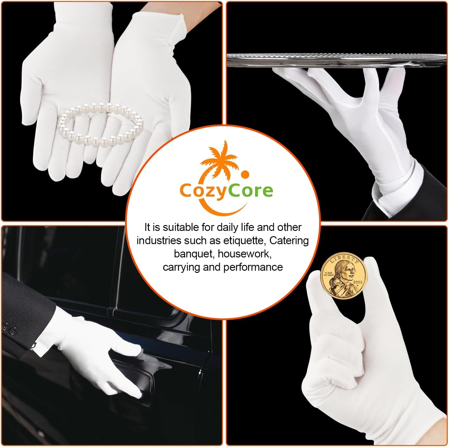 White Cotton Gloves,Cozy CORE Moisturizing Gloves Overnight for Dry Hand Moisturizing Cosmetic Eczema Hand Spa and Coin Jewelry Inspection, White Cotton Gloves for Men and Women,One Size Fit Most image number 5