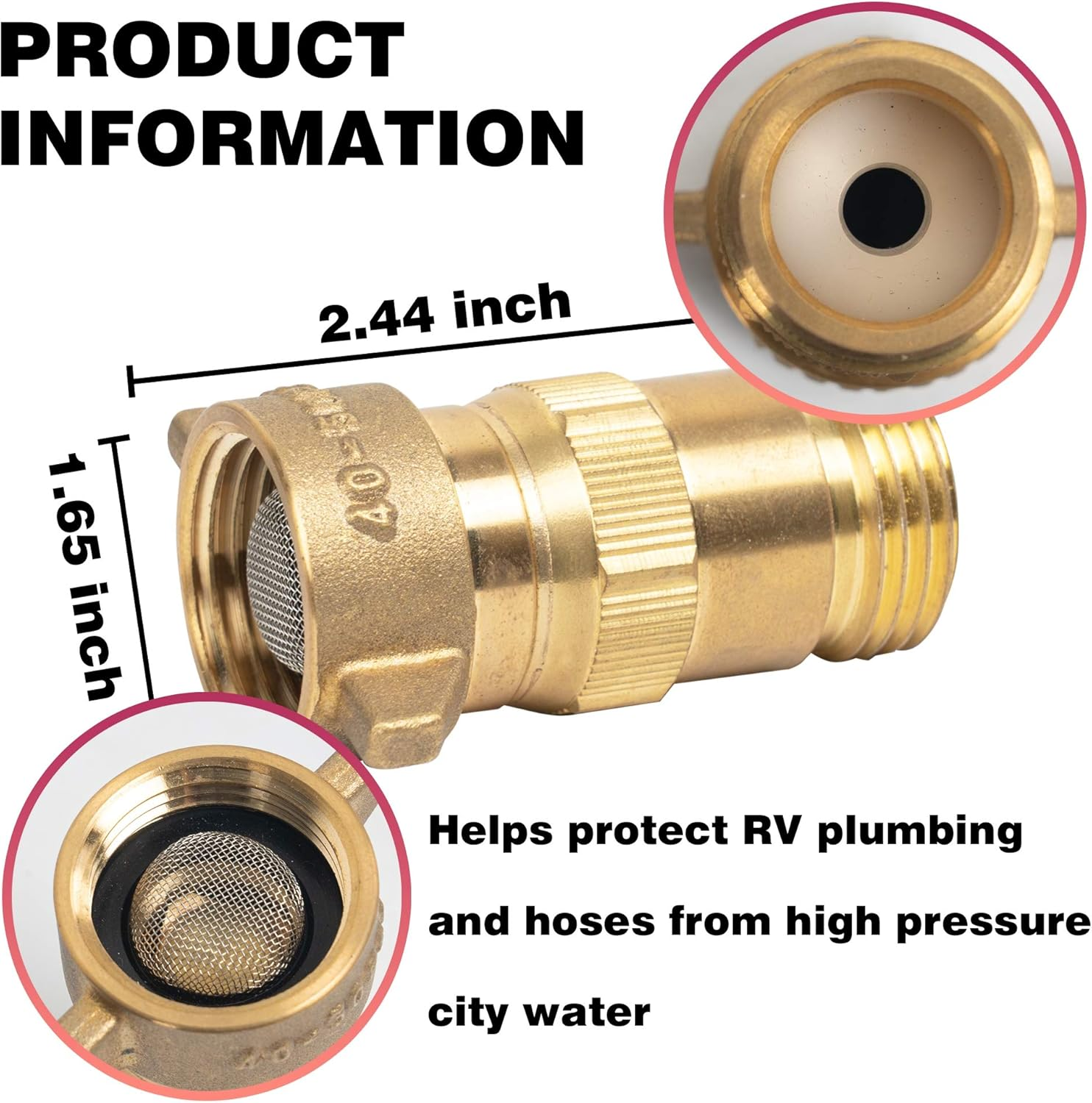 Hourleey Brass RV Water Pressure Regulator, Lead Free, Water Regulator for RV Camper with Filter Screen, Protector for Campers, Travel Trailers, RV Plumbing System, 40-50 PSI
