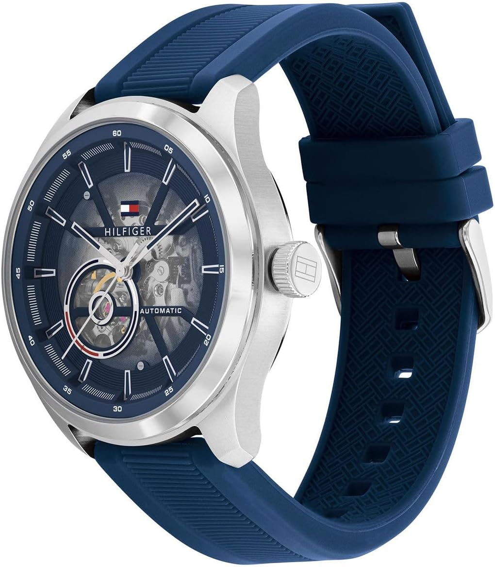 Tommy Hilfiger Men'S Oliver Silicone Band Mech-Automatic Watch, 1791885, Blue, 44 Mm