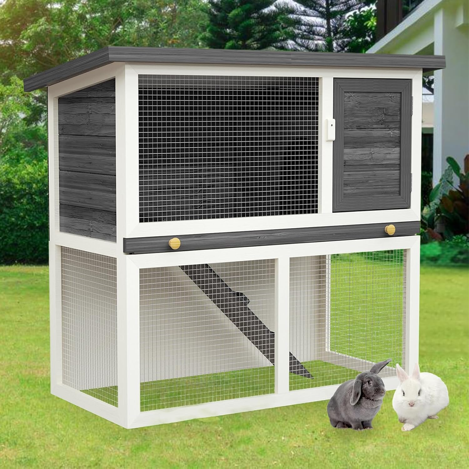 Advwin Rabbit Hutch Bunny Cage, 2 Storey Wooden Chicken Coop Guinea Pig Outdoor Hutch Weatherproof, with Removable Trays for Small Animals, 90L X 45W X 80Hcm