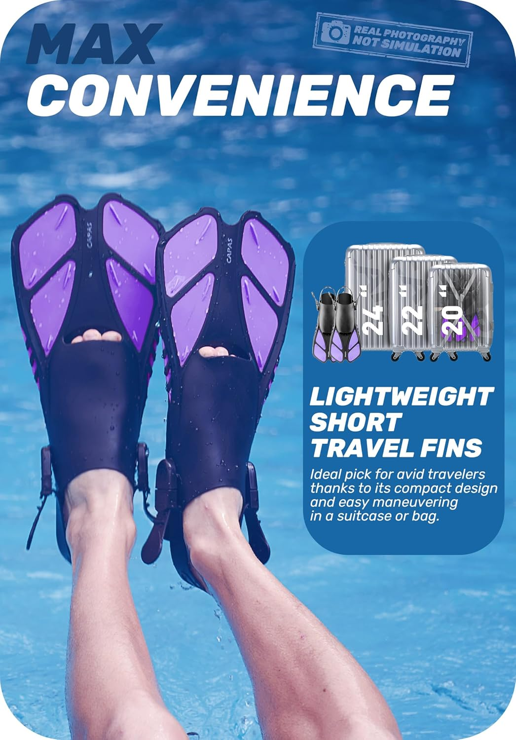CAPAS Snorkel Fins, Swim Fins Travel Size Short Adjustable for Snorkeling Diving Adult Men Women Kids Open Heel Swimming Flippers image number 5