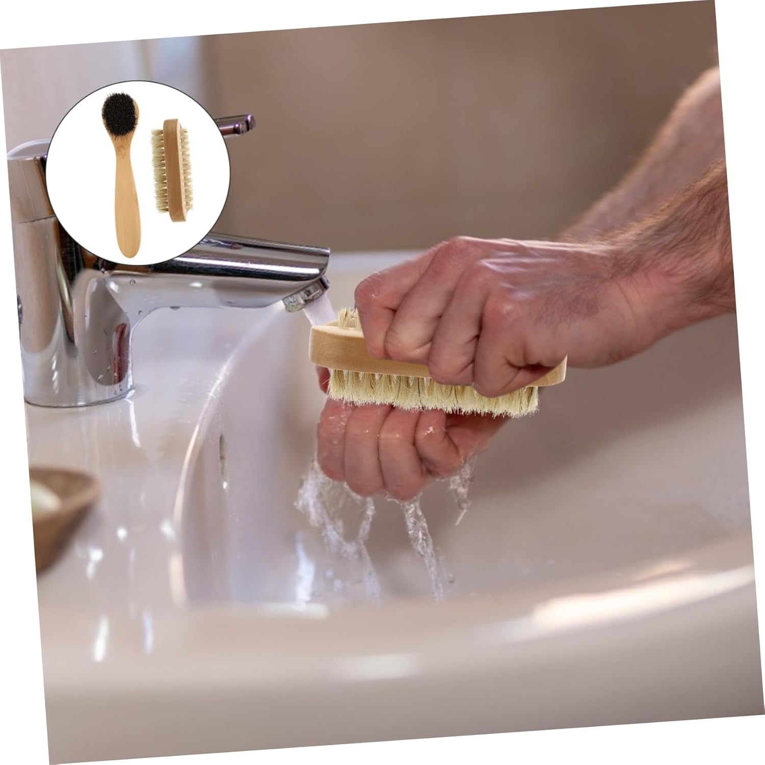 COLLBATH 2Pcs Hand Cleaning Brush Natural Pig Bristles Light Brown Wooden Nail Finger Washing Brush for Dirt Removal and Gentle Skin Care for Handwashing and Nail Cleaning image number 2