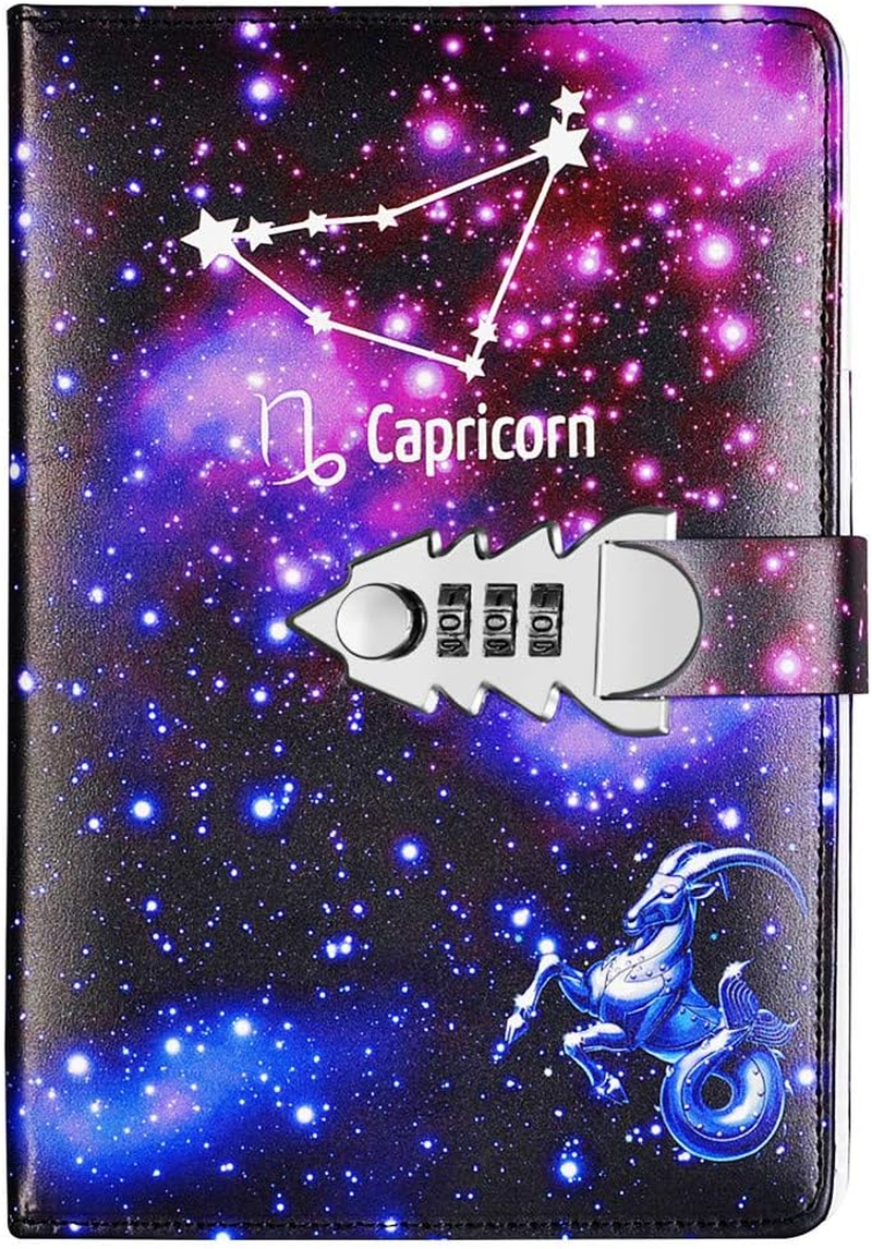 Junshop Locking Diary Combination Lock Journal Constellation Writing Diary A5 Starry Sky Lock Leather Notebook (Pisces) image number 3