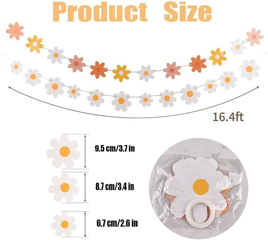 Daisy Party Banner,4 Strings Daisy Groovy Boho Party Banners,Groovy Party Favors White Daisy Decor Spring Flower Garland Daisy Paper Cutouts (Mixing Colors) - Pink image number 6