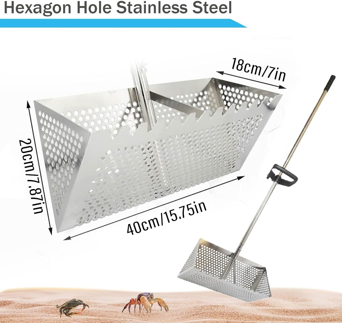 AIMALL Stainless Steel Sand Screen with Collapsible Handle for Crab Trap, Fishing Gear, and Beach Treasure Gathering, 15.75" X 7.87" X 7" image number 4