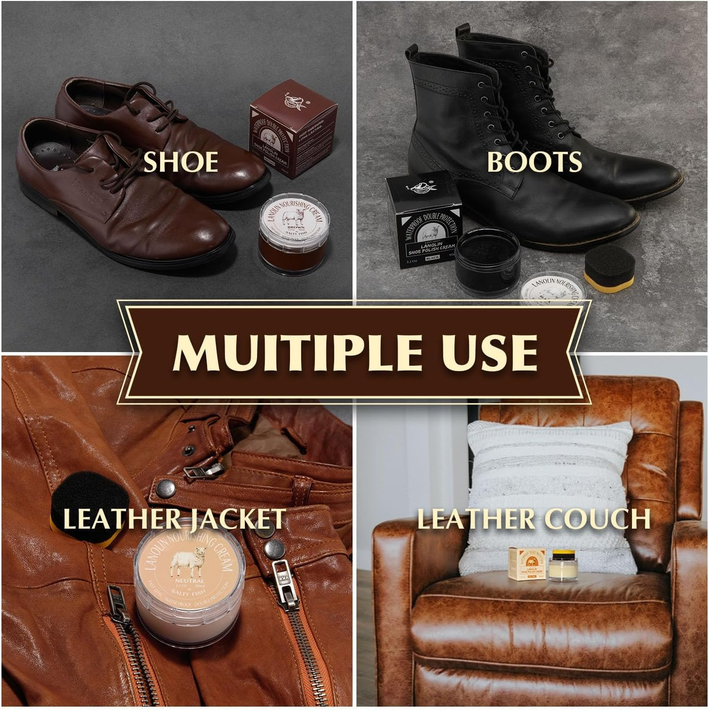 Salty Fish Lanolin Shoe Polish Cream 3.2Oz, Intensive Leather Care and Nourishing, Waterproof Double Protection, Black image number 5