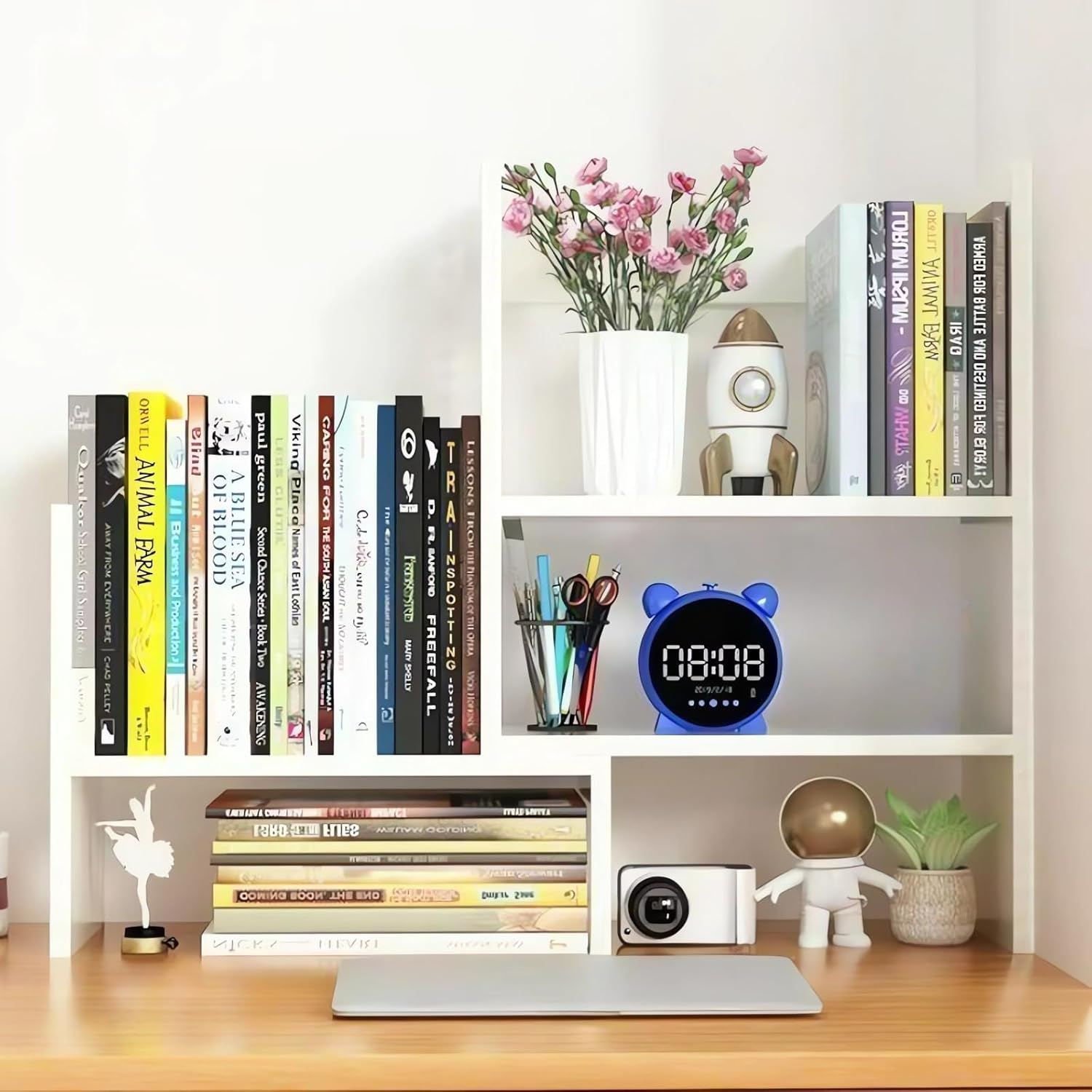 Desktop Bookshelf Organiser, Wood Bookcase, Office Desk Storage Shelf, Adjustable Width 36-72 Cm Bookshelves A292 (C White) image number 3