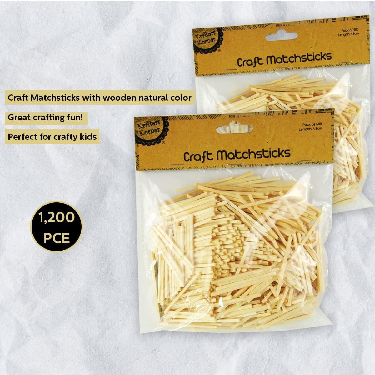 2 X Krafters Korner 4.8Cm Craft Matchsticks Kids Craft 1200Pce Wooden Natural Color Multi-Use DIY School Project Cake Pop Sticks Toy Best image number 2