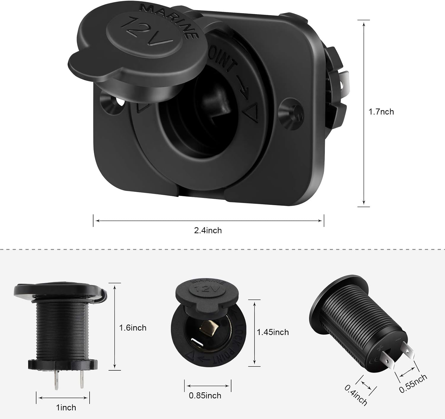 Cigarette Lighter Socket - Car Marine Motorcycle ATV RV Lighter Socket Power Outlet Socket Receptacle 12V Waterproof Plug(2 Pack) - Black/2 Pack image number 2