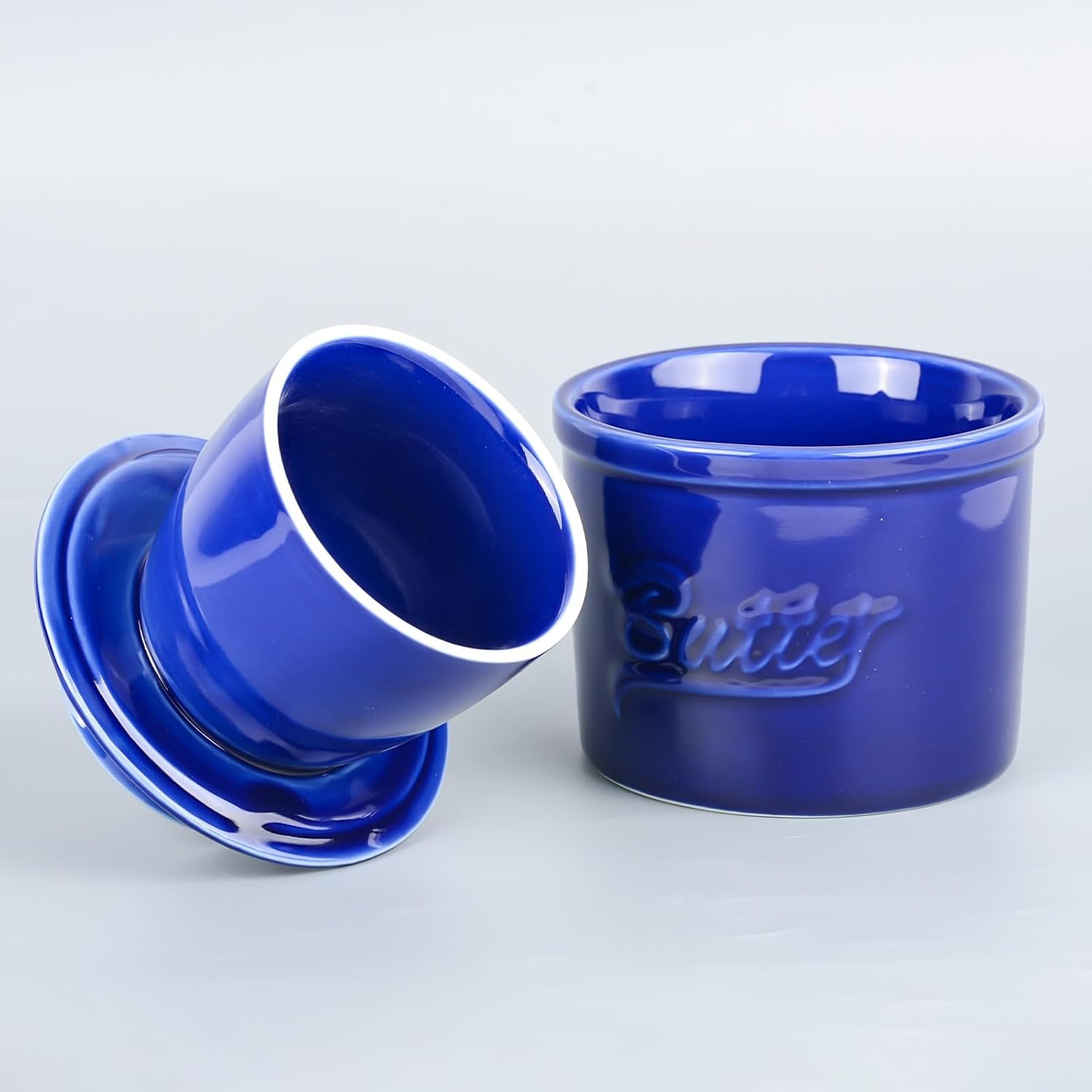 French Butter Crock,Butter Dish Cover Pot for Counter with Water Line,Butter Storage Bell Crock Keeper for Kitchen(Dark Blue) image number 1