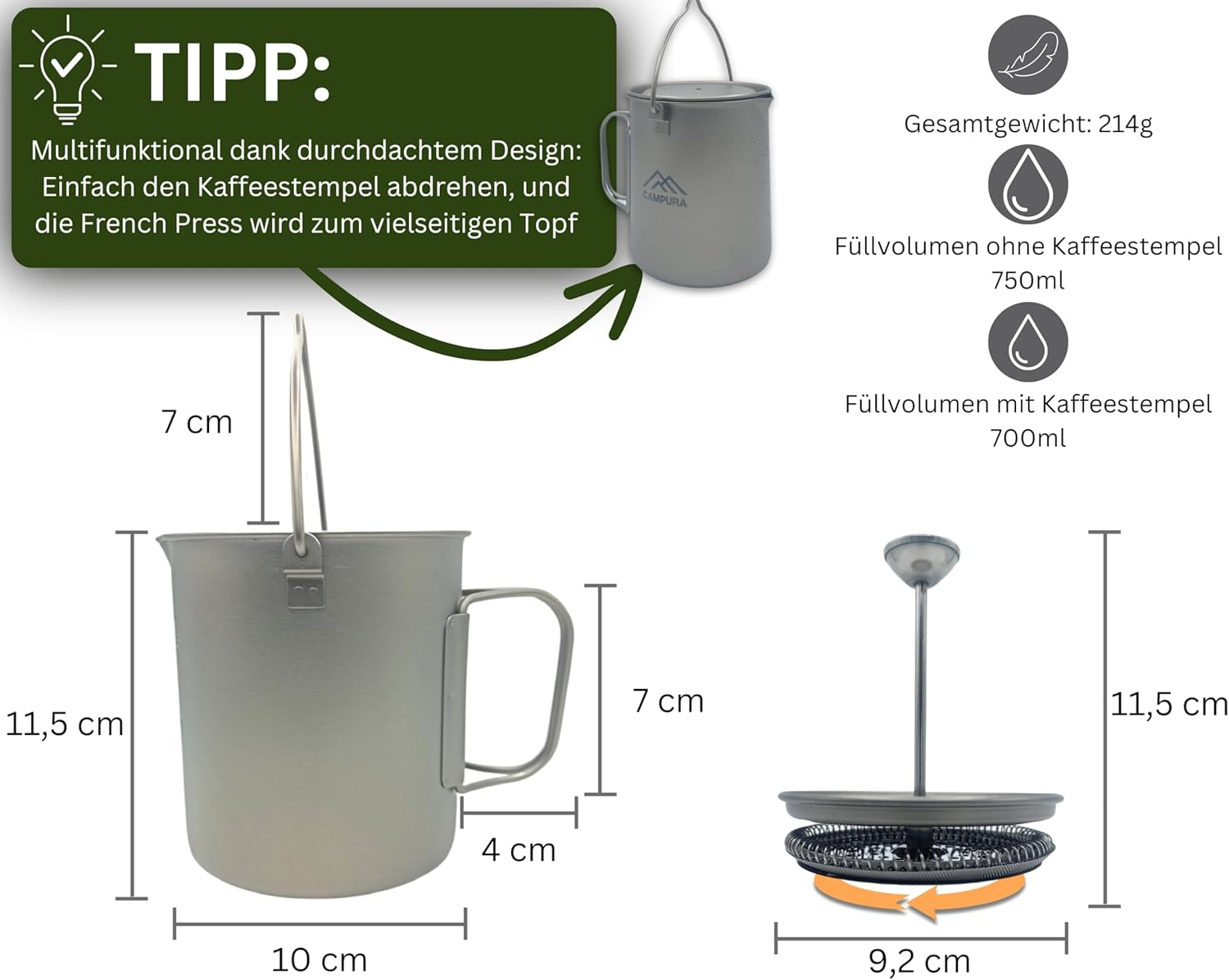 Campura Titan French Press Pot - 750 Ml Precision Filter, Lightweight & Compact, Outdoor Coffee Maker, Camping French Press image number 1