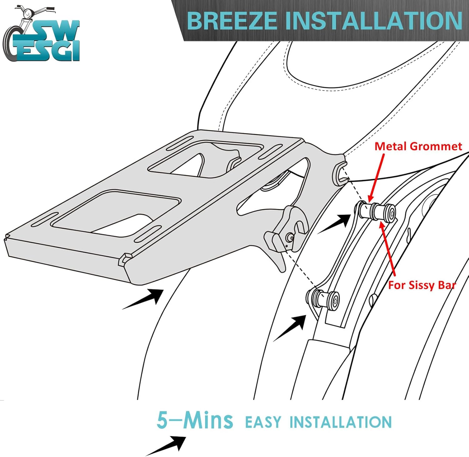 Luggage Rack 4 Point Docking Hardware Kit for Harley Detachable Tour Pack Kit Two-Up Mounting Rack Compatible with Touring Road King Street Glide Road Glide Electra Glide 2014-2025 (Chrome) - Black image number 5