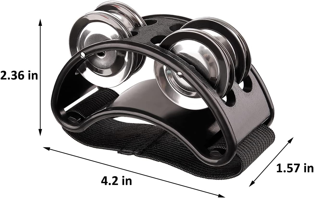 2 Set Foot Tambourine Shaker & Rhythm Finger Shaker with Elastic Strap, Percussion Musical Instrument Set for Ukulele Guitar Drum Mandolin Banjo Playing (Black) image number 4