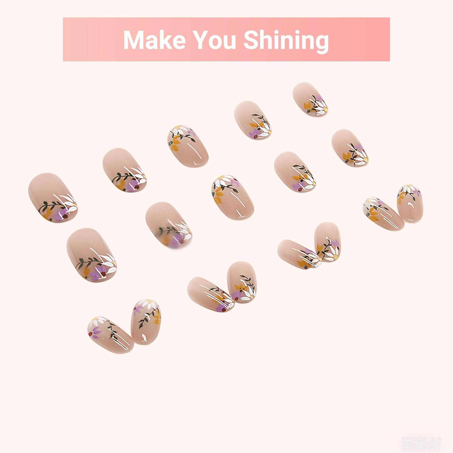 24-Set Press on Nails Almond Medium French Tip Acrylic Fake Nails with Delicate Floral Designs Full Cover Reusable Almond False Nails Set, Nails Stick for Women image number 3