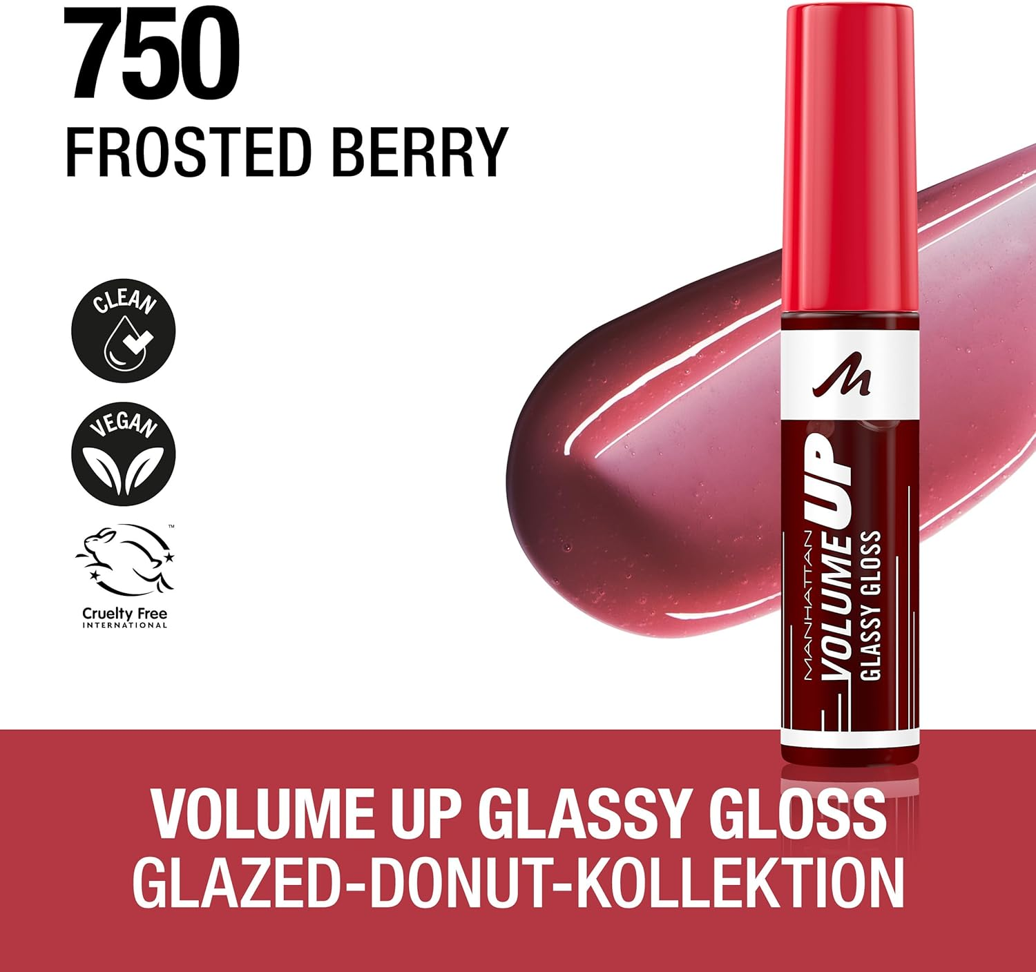MANHATTAN Volume up Glassy Gloss Moisturising Lip Gloss for Fuller Looking Lips, Easy Application, Vegan Formula, 750 Frosted Berry 10 Ml image number 1