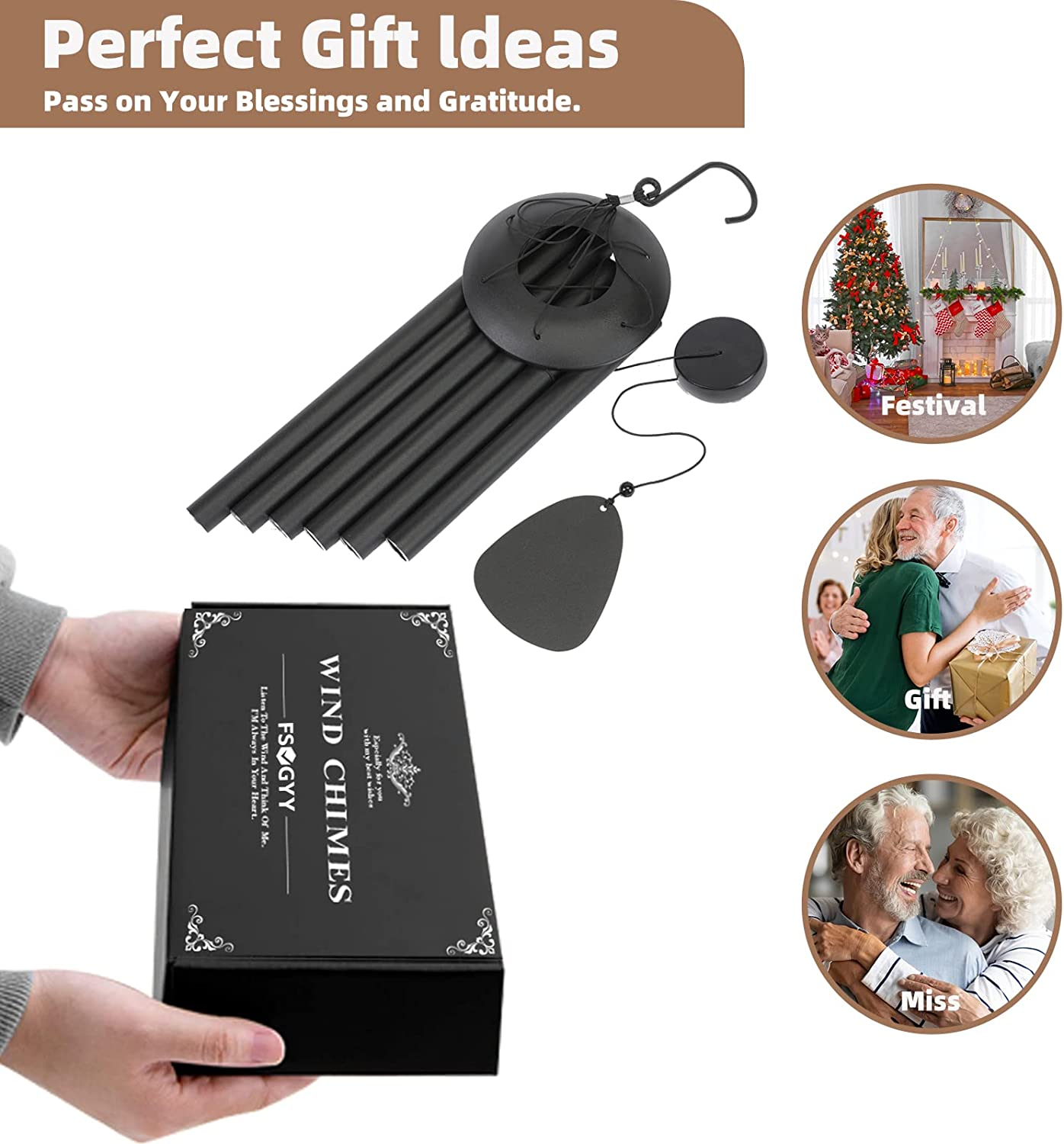 FSVGYY Wind-Chimes-Outdoor-Large-Decor, Deep Tone Soothing Melodic Tones Windchimes, Wind Chimes for Outside, Memorial Wind Chimes Best Gift for Mom Women Grandma Neighbors（32" Black Coated Aluminum） image number 4