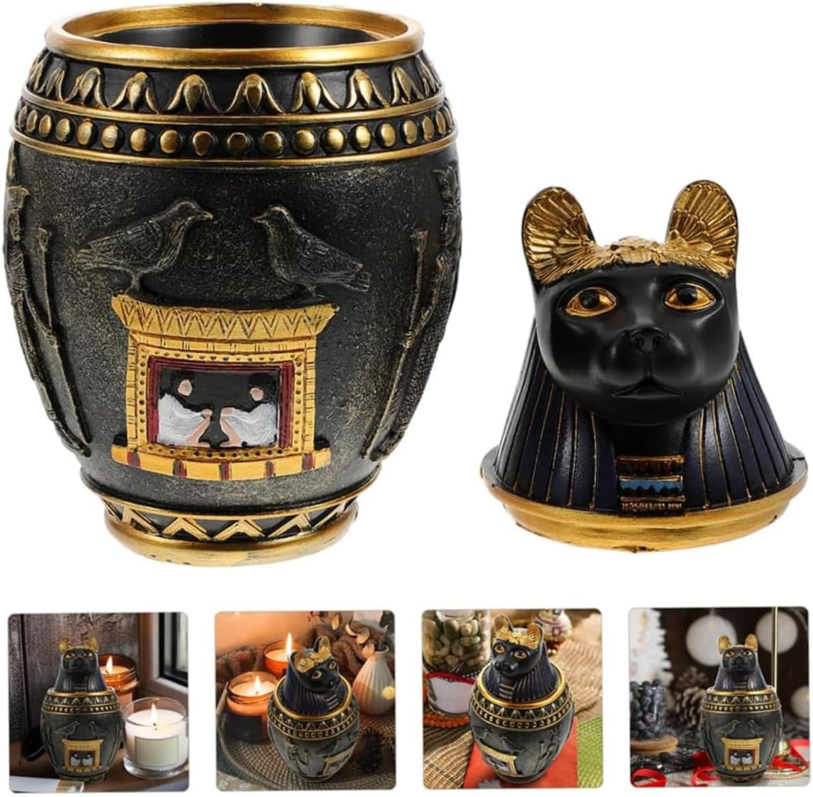 AIMALL Egyptian Cat Decorative Urn, Resin Anubis Jar with Lid, Vintage Style Pet Memorial, Internal Storage, 7.28In image number 1