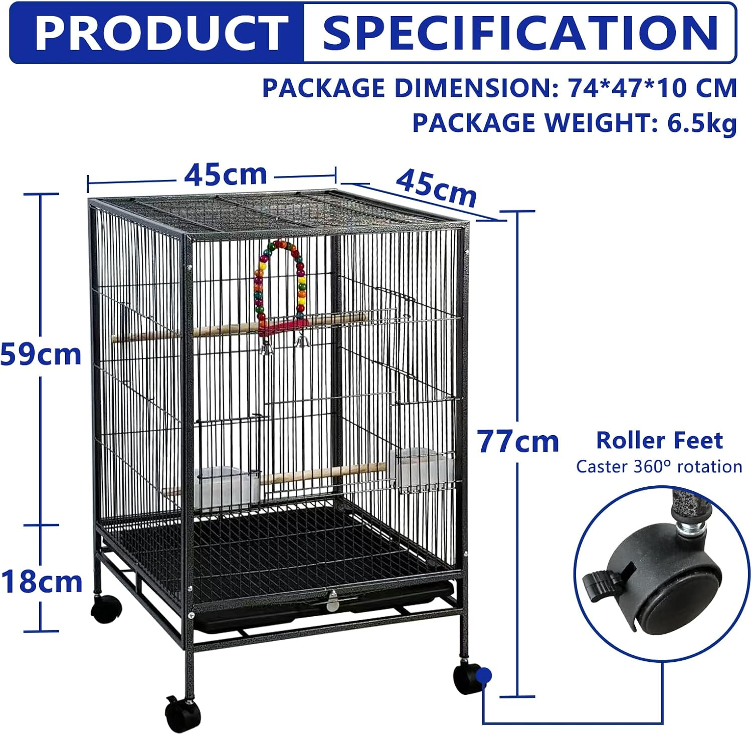 30 Inch Height Wrought Iron Bird Cage with Rolling Stand for Conures Lovebirds Cockatiels Finches, Black image number 4