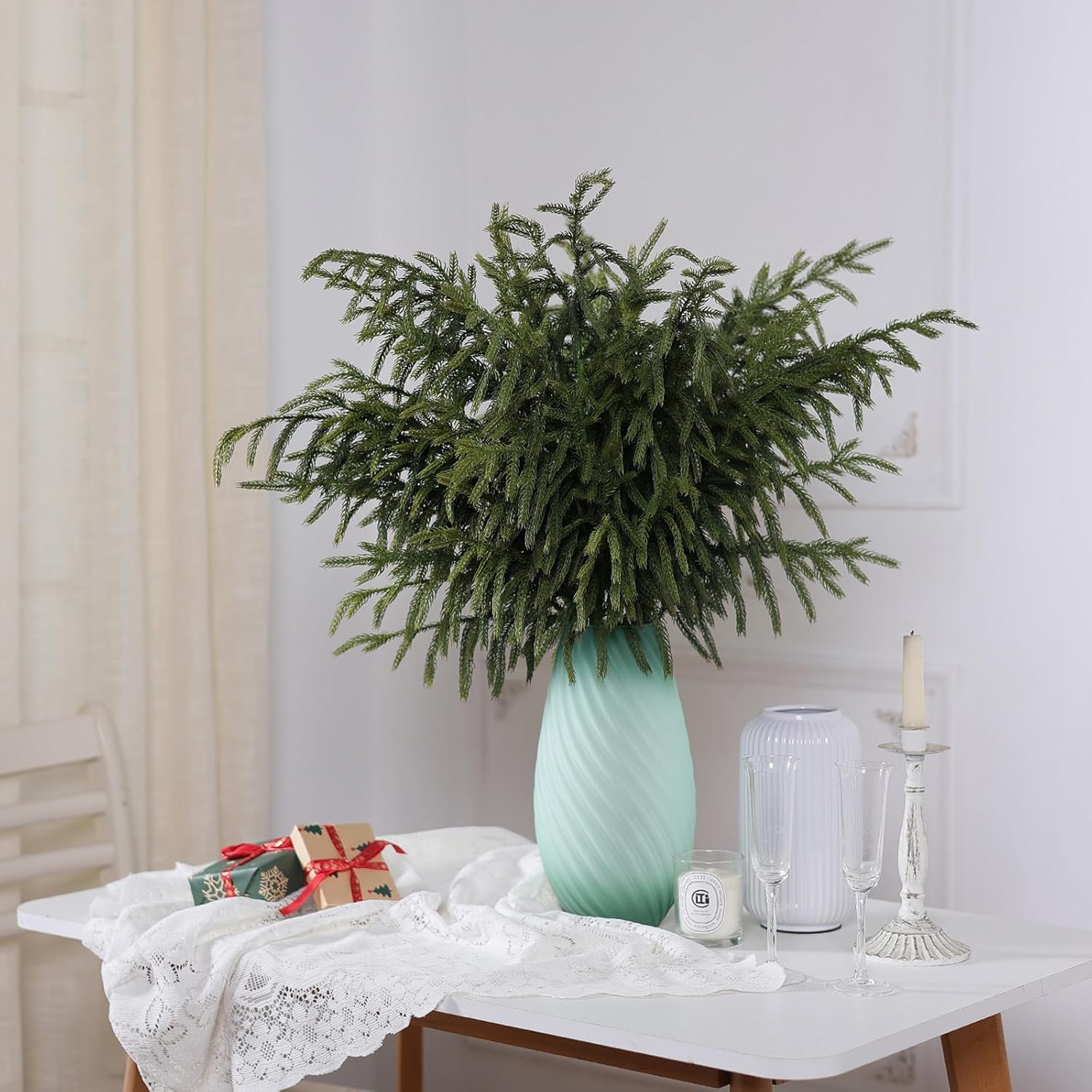 YXZZWL 8 Pcs Christmas Norfolk Pine Branches, 36 Inch Real Touch Artificial Norfolk Pine Branch Faux Cedar Pine Stem Fake Greenery Pine Picks for Vase DIY Garland Wreath Home Garden Decoration image number 1