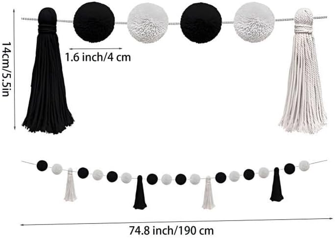 Pom Pom Garland for Classroom Boho, 74.8 Inch 16 Felt Ball Bulletin Board Garland, Colorful Yarn Tassel Banner Garland, Hanging String Decorations for Party Desk Nursery Wall Decor (Black & White)