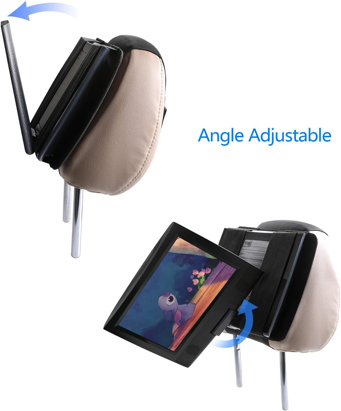 Hikig Car Headrest Mount Holder for 7 Inch to 11 Inch Swivel and Flip Style Portable DVD Players - Adjustable Angle and Rotate Screen - Black