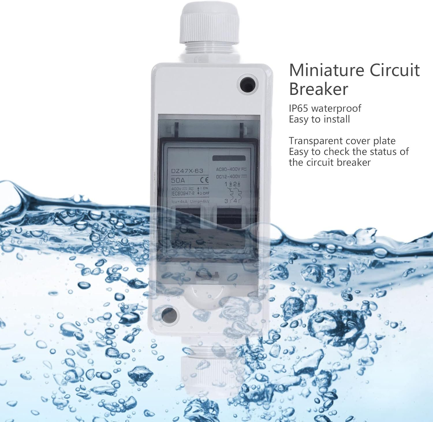 Miniature Circuit Breaker, 2 Pole 50Amp Circuit Breaker Protector with IP65 Waterproof Cover DC Solar Disconnect Switch Isolator for Solar PV System, with Safe image number 1