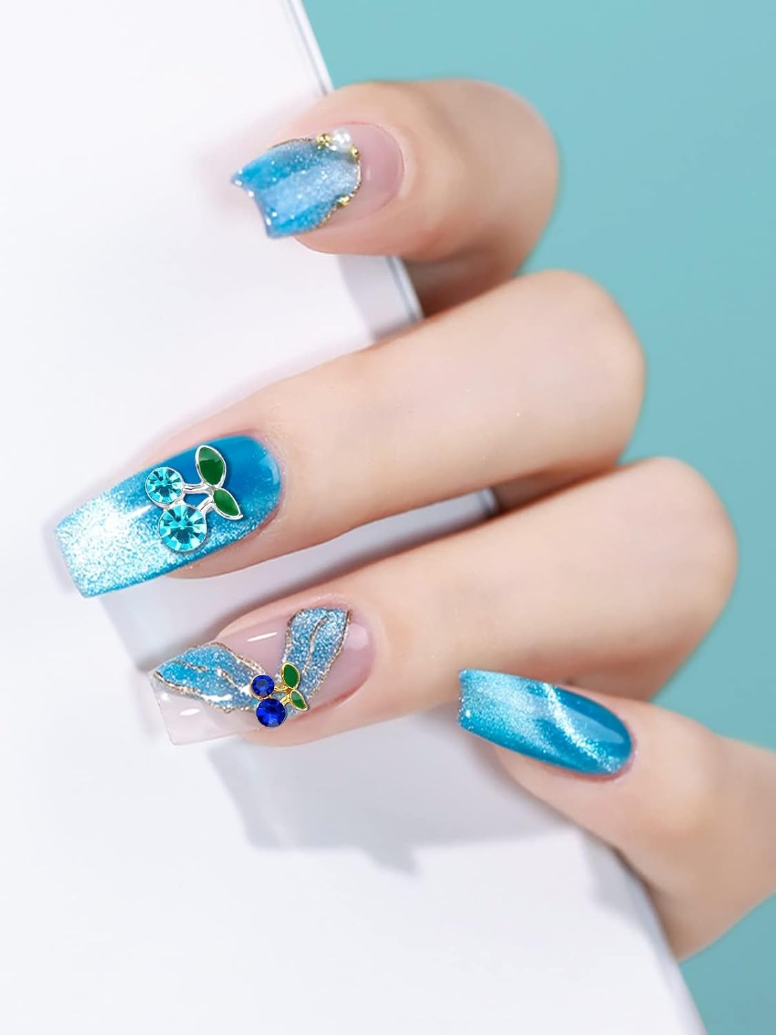 Kalolary Cherry Nail Rhinestones, 48Pcs 3D Cherry Charm Blue Fruit Diamond Crystal Nail Studs Alloy Nail Gems for Women Nail Art Decoration image number 3