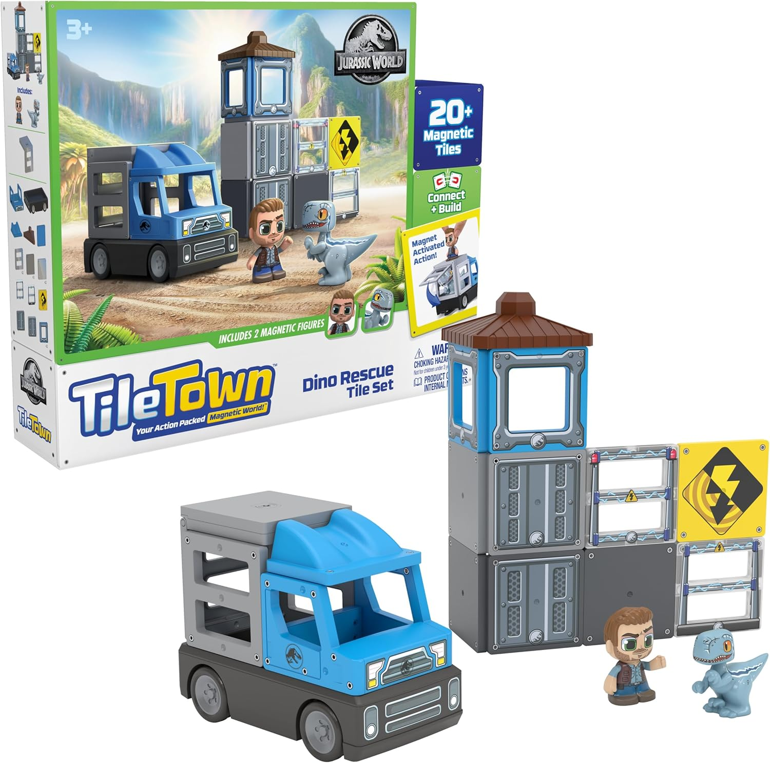 TILE TOWN Jurassic World Dino Rescue Magnetic Tiles Construction Building Set + Figures + Car, Kids 3-5+, New Action Tiles for Action Play, Realistic Builds, STEM Creative Toy image number 3