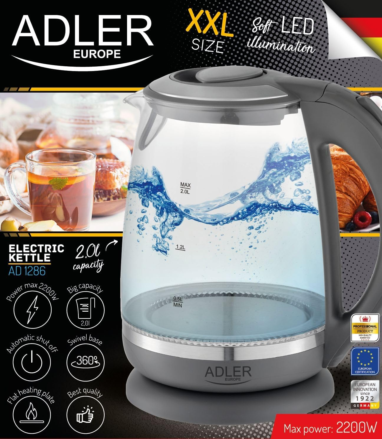 Adler AD 1286 Glass and Plastic Kettle, 2L, 2000 W, LED Lighting, Glass Kettle for Tea, Limescale Filter, Automatic Shut-Off, Stainless Steel Immersion Heater, Grey Transparent/Grey image number 3