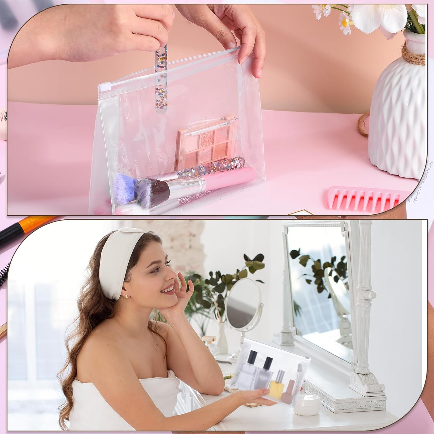 50 Pcs Mini Clear Makeup Bag Bulk with Zipper 7.87"&times;5.91"&times;1.97" Portable Reusable Small Clear Zipper Pouches PVC Waterproof Travel Cosmetic Bags Make up Bags Bulk for Women Men Vacation Toiletry image number 1