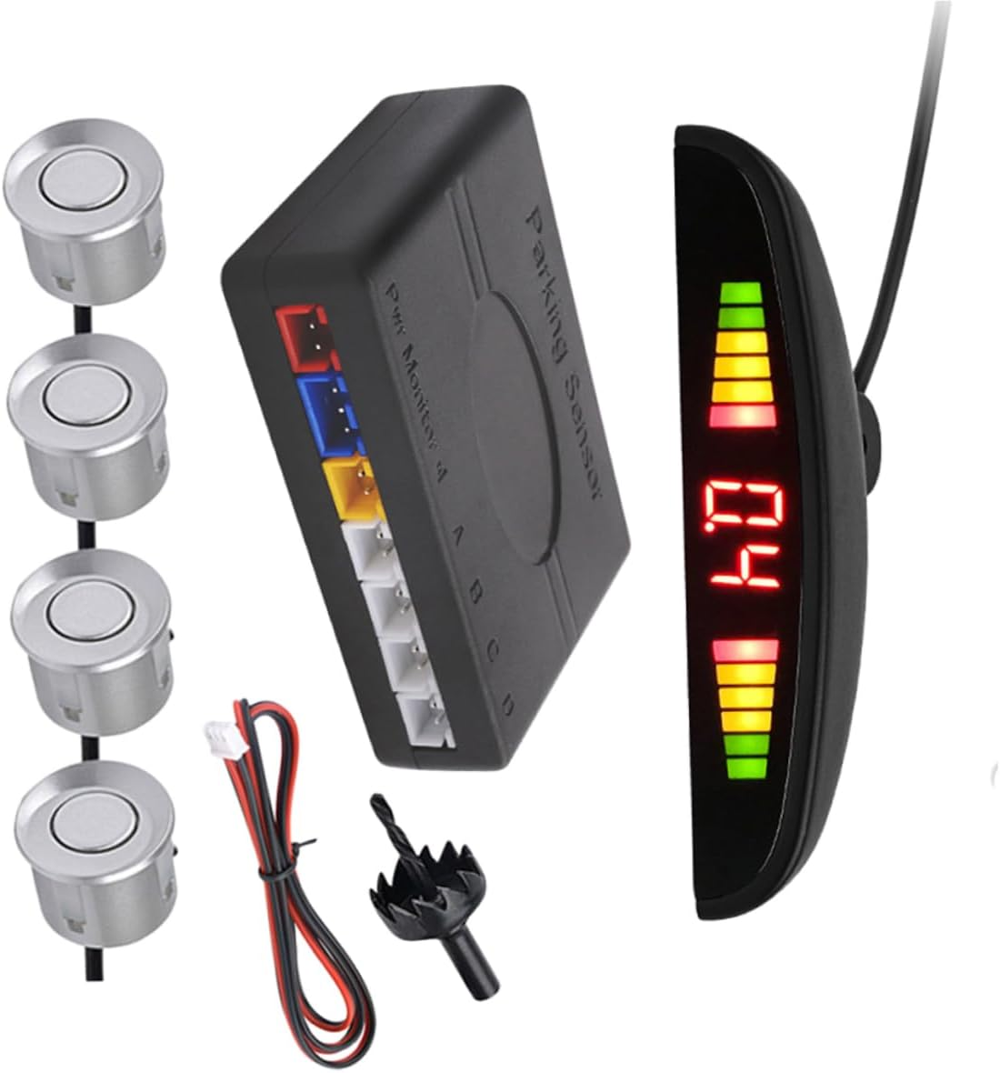Mobestech Car Parking Warning System with 4 Probe Reversing Radar Sensors, Silver Led Backup Sensor Kit for Rear Parking Safety and Distance Alert