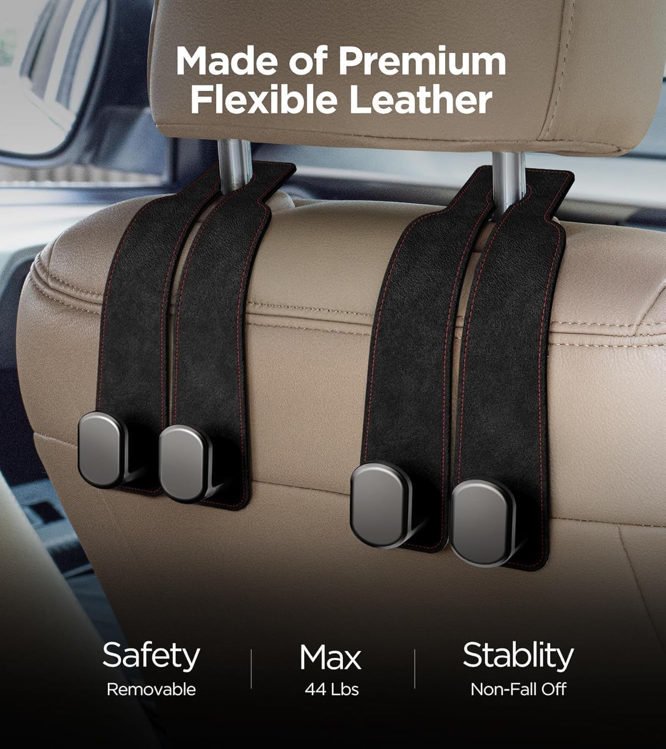 Car Headrest Hooks for Seat Back Storage, Purses and Bags - Leather,(Color Reference Image Display) image number 4